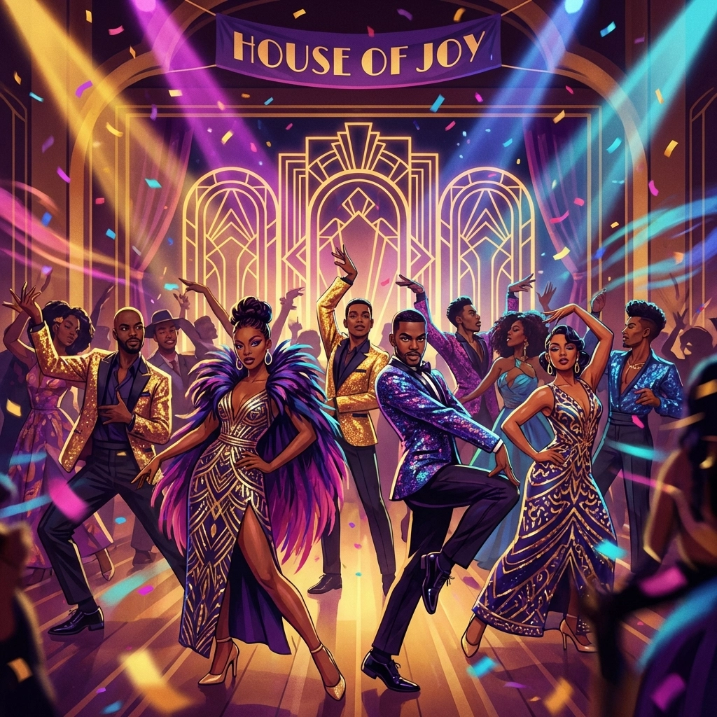 Black and Latino LGBTQ+ dancers voguing in ballroom culture scene celebrating queer identity