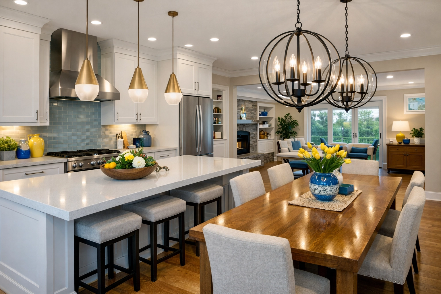 Immaculate open-concept kitchen and dining room in a Stow home after professional cleaning.