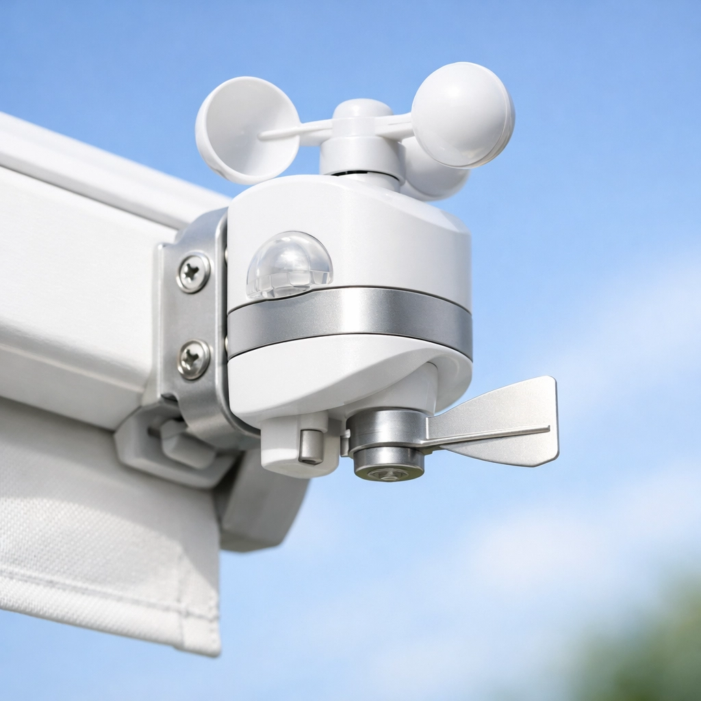 Wind- und Sonnensensor an elektrischer Markise für automatische Steuerung