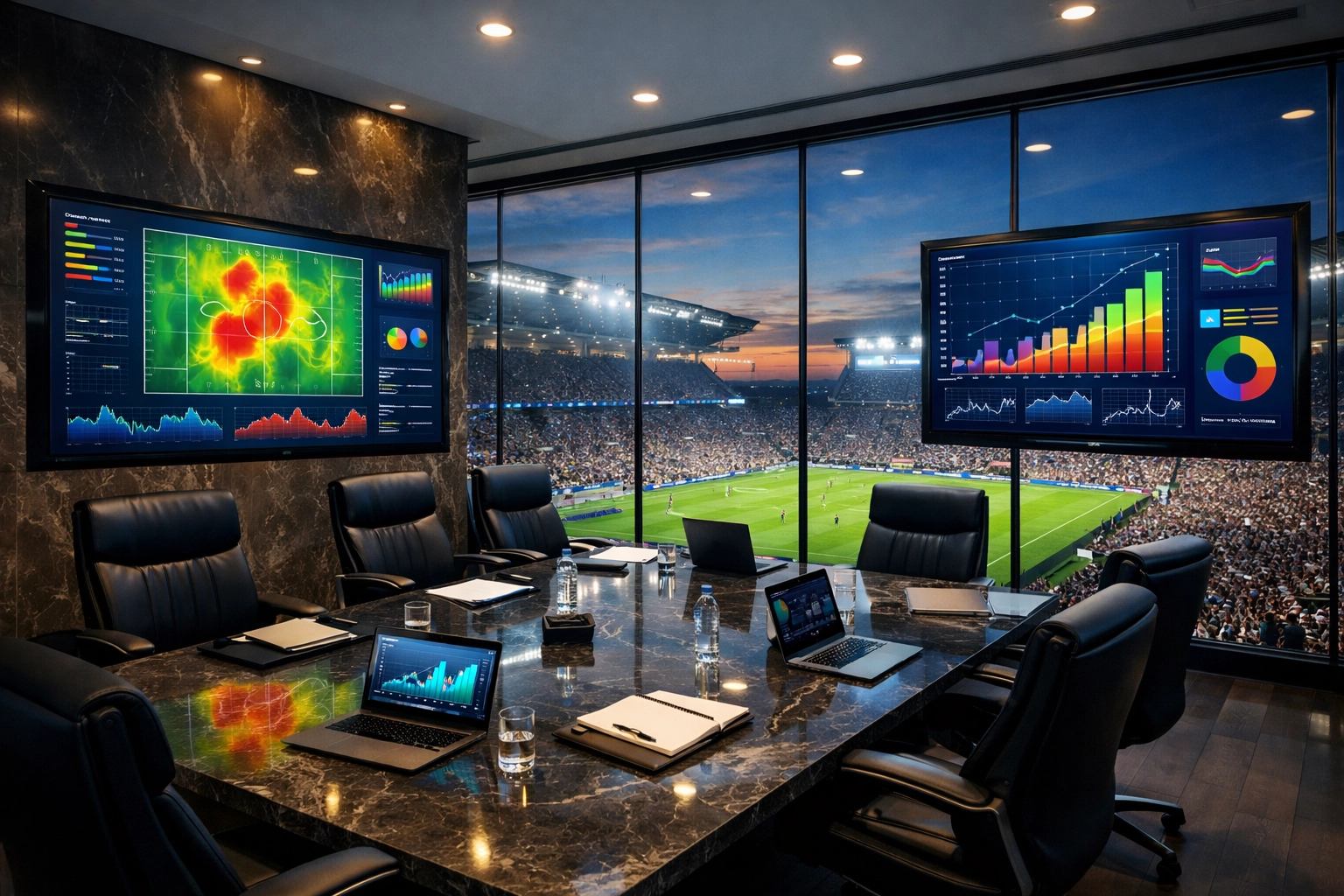 Corporate strategy room with data monitors planning for Super Bowl brand visibility and marketing.