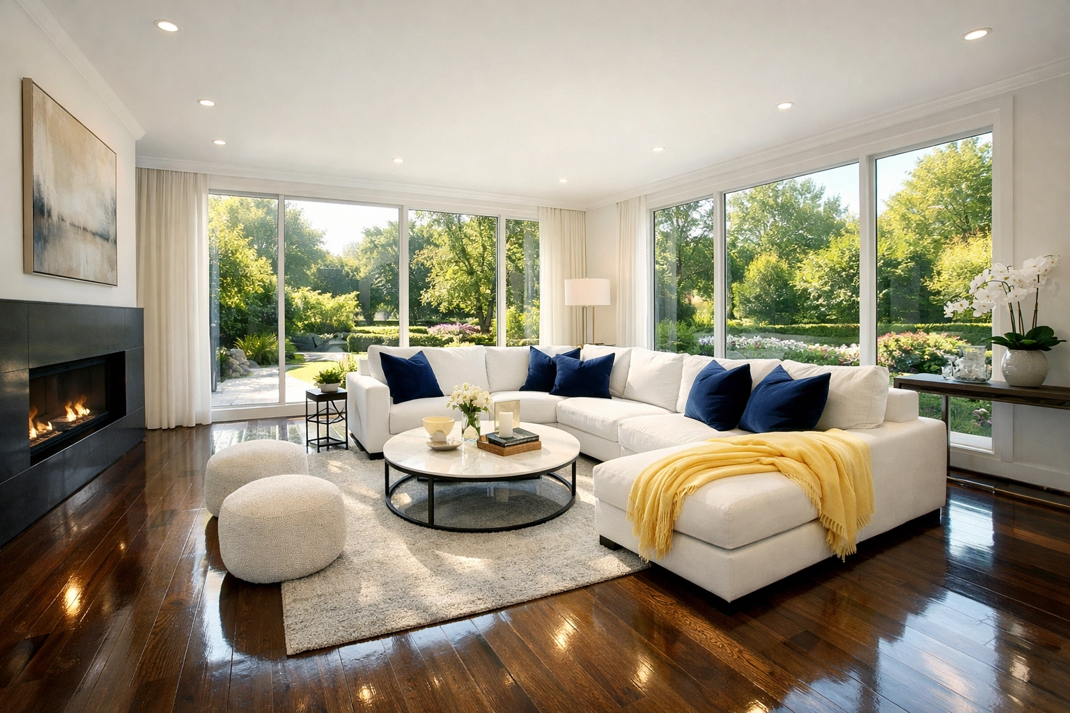 Pristine Westford living room with polished floors and white sofa, showing results of weekly house cleaning Westford.