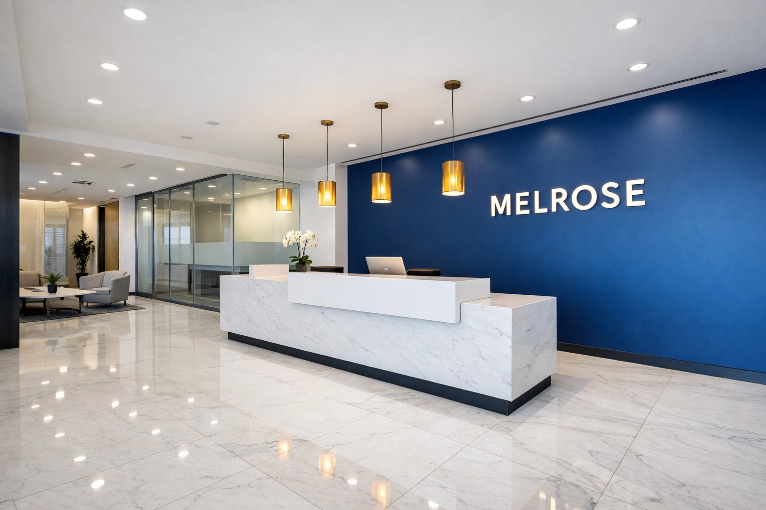 Clean and professional office reception area in Melrose with polished white floors and modern decor.