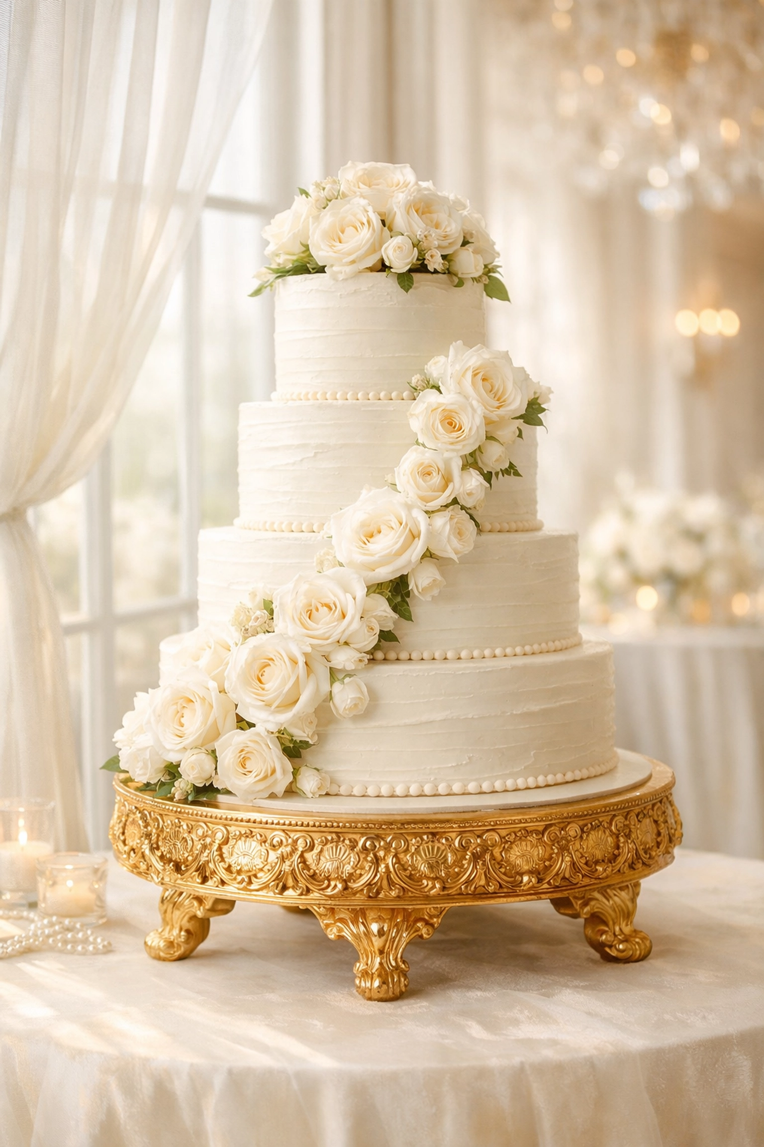 Elegant white wedding cake with fresh roses representing a successful, fully funded wedding day.