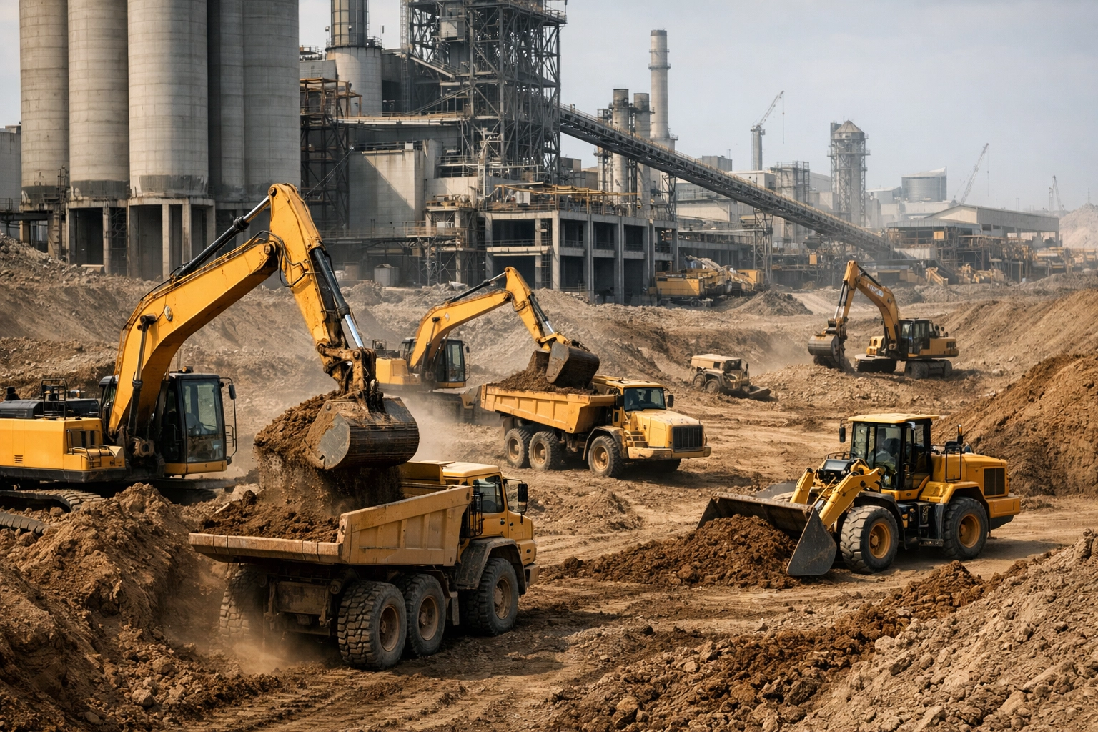 Specialized heavy equipment including excavators and loaders working on a large-scale industrial construction project.