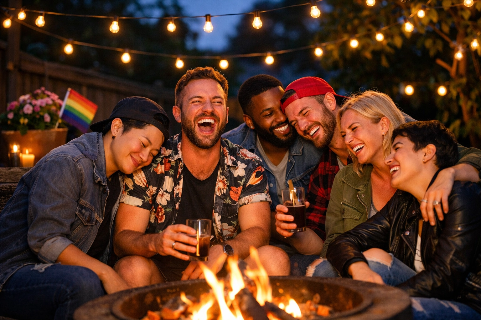 Joyful LGBTQ+ friends gathered around a fire pit, celebrating the power of found family and queer community connection.