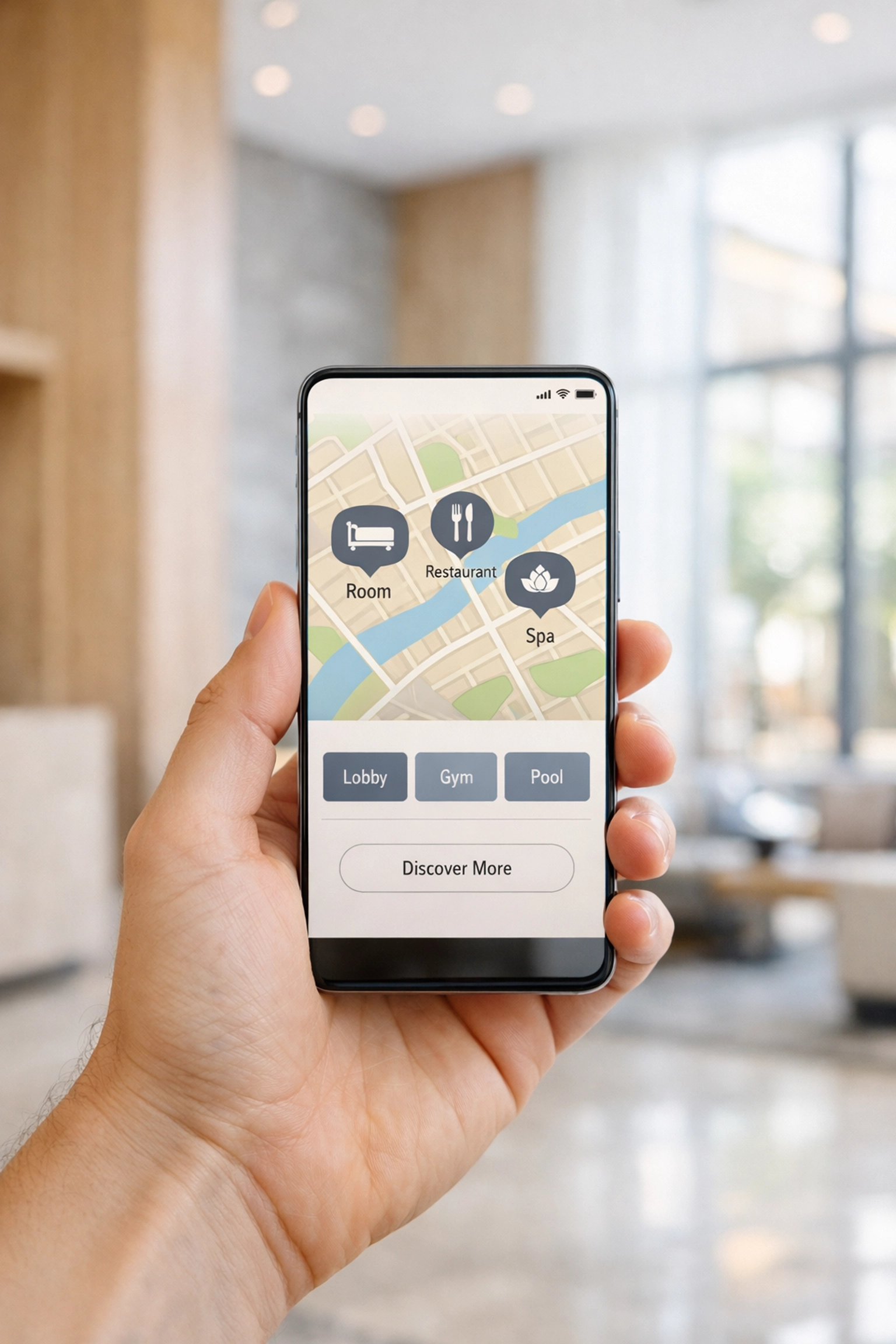Guest using a mobile booking engine on a smartphone in a minimalist hotel lobby.