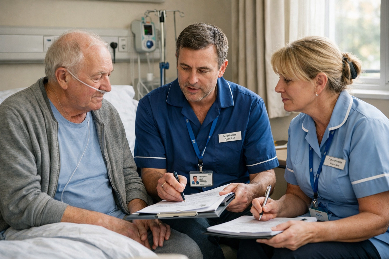 COPD patient discharge planning meeting with respiratory specialist and community nurse