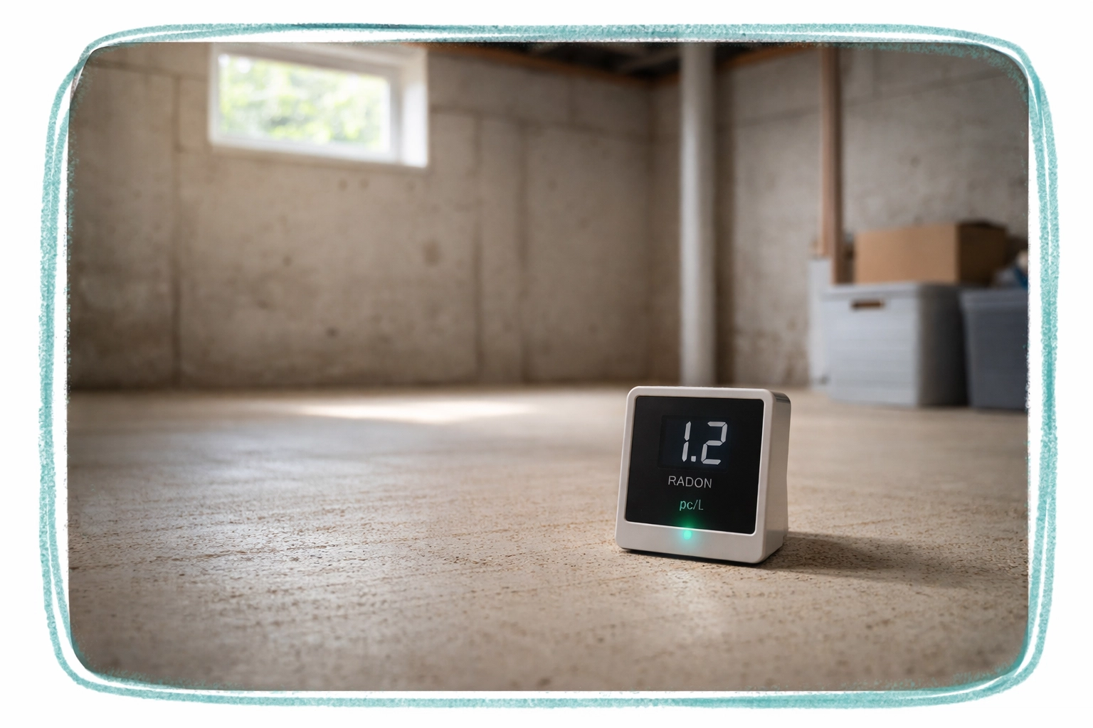 Radon testing monitor on a Connecticut basement floor, highlighting importance of radon inspection for home buyers.