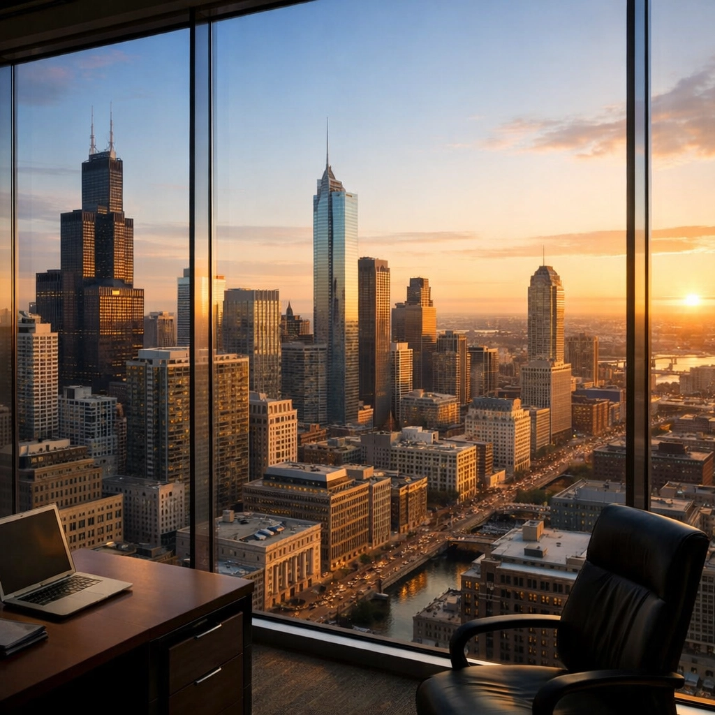 Sunrise over a Midwest metropolitan skyline representing regional property management in Detroit and Chicago.