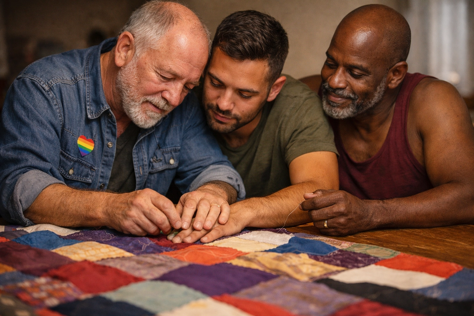 Diverse gay men of different generations working together on a colorful community quilt.
