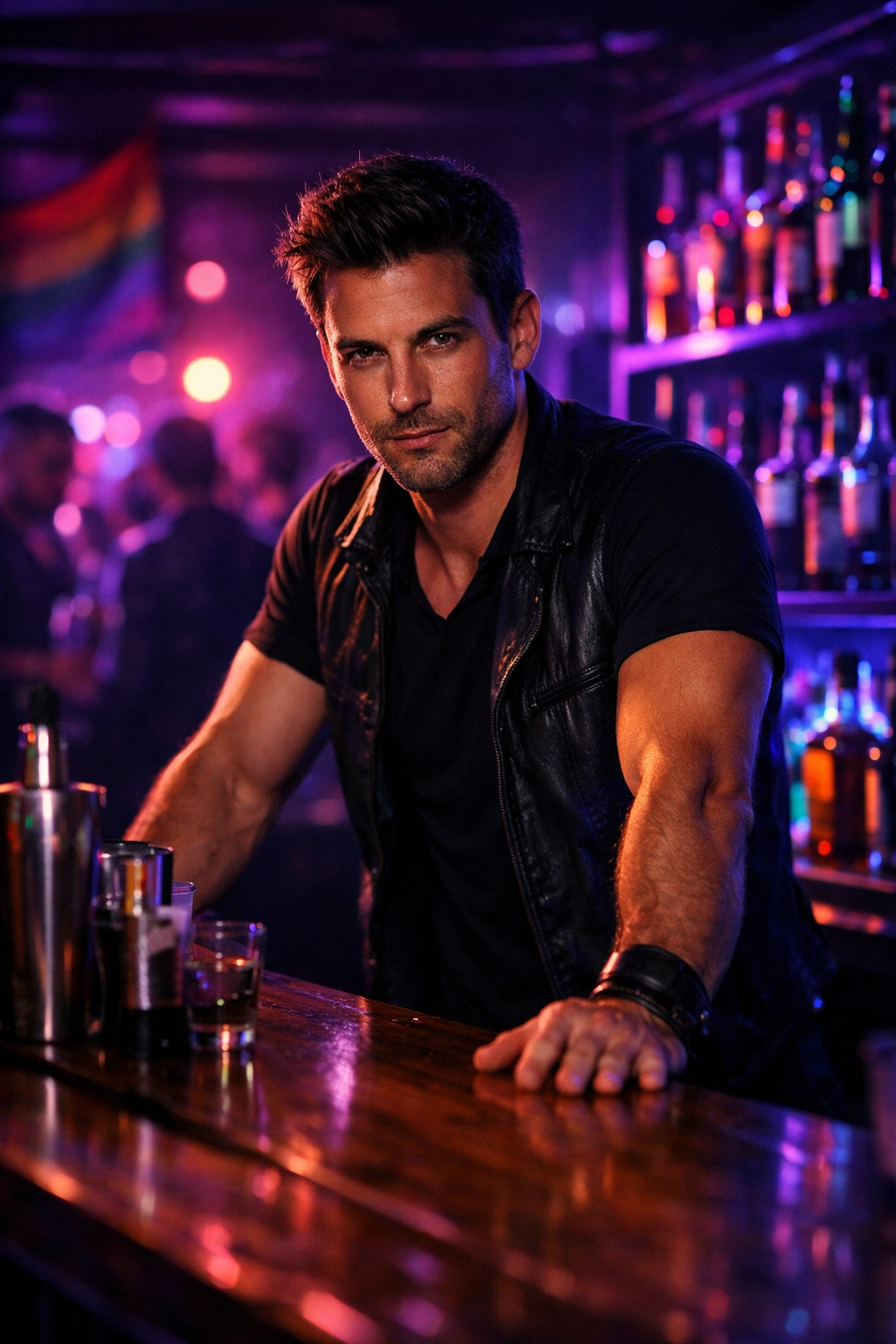 Confident bartender behind the bar in underground gay cruising bar with neon lights