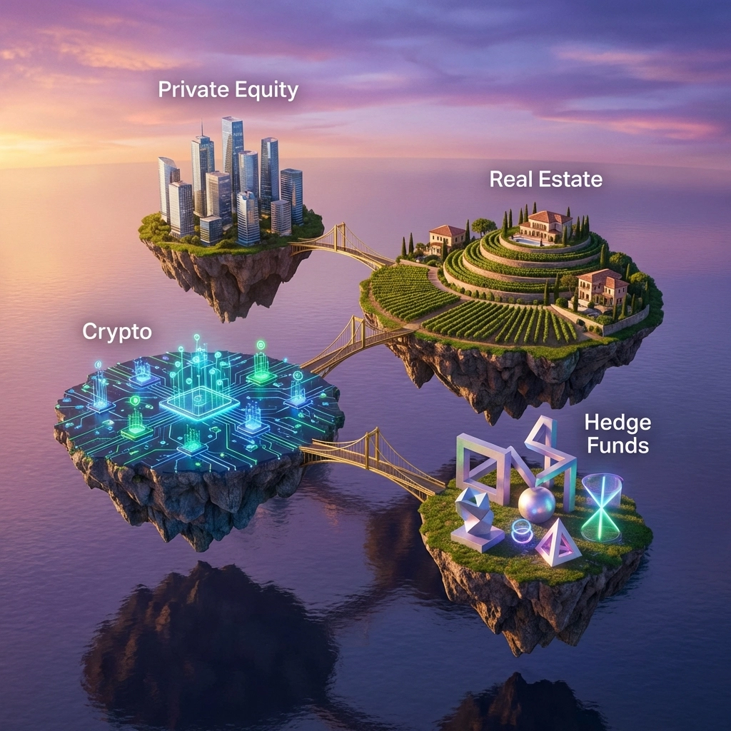 Aerial view of diverse investment opportunities as floating islands, highlighting private equity, real estate, crypto, and hedge fund assets.