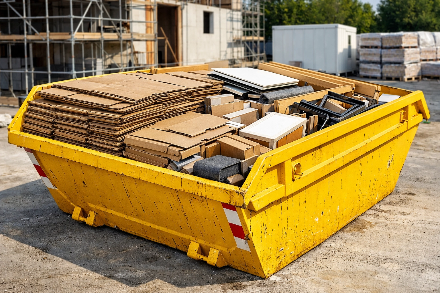 Properly loaded skip with organized waste materials sitting below rim to avoid overfilling charges