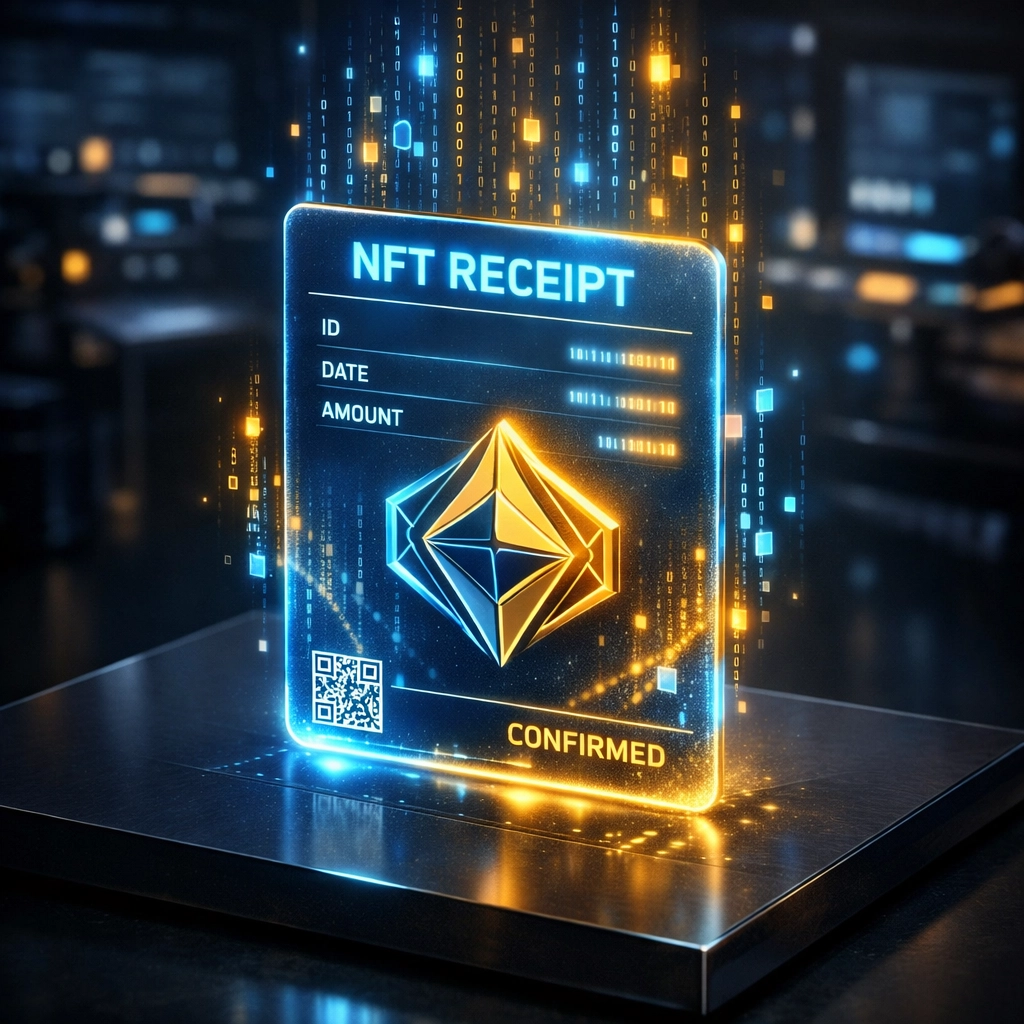 Secure Larecoin NFT receipt showing automated transaction data for Web3 business accounting.