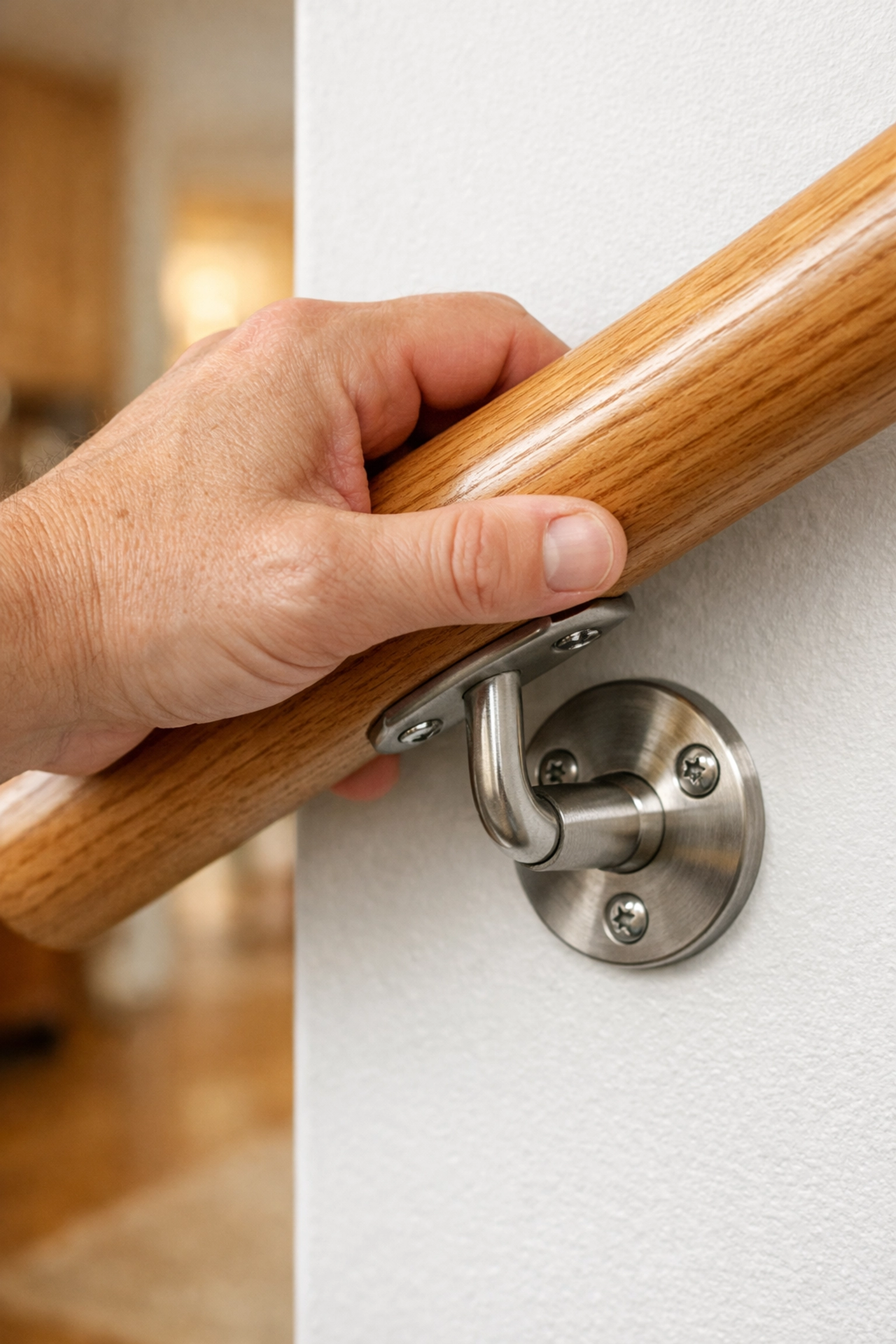 Close-up of a hand securely gripping a sturdy wooden handrail mounted firmly to the wall for balance.