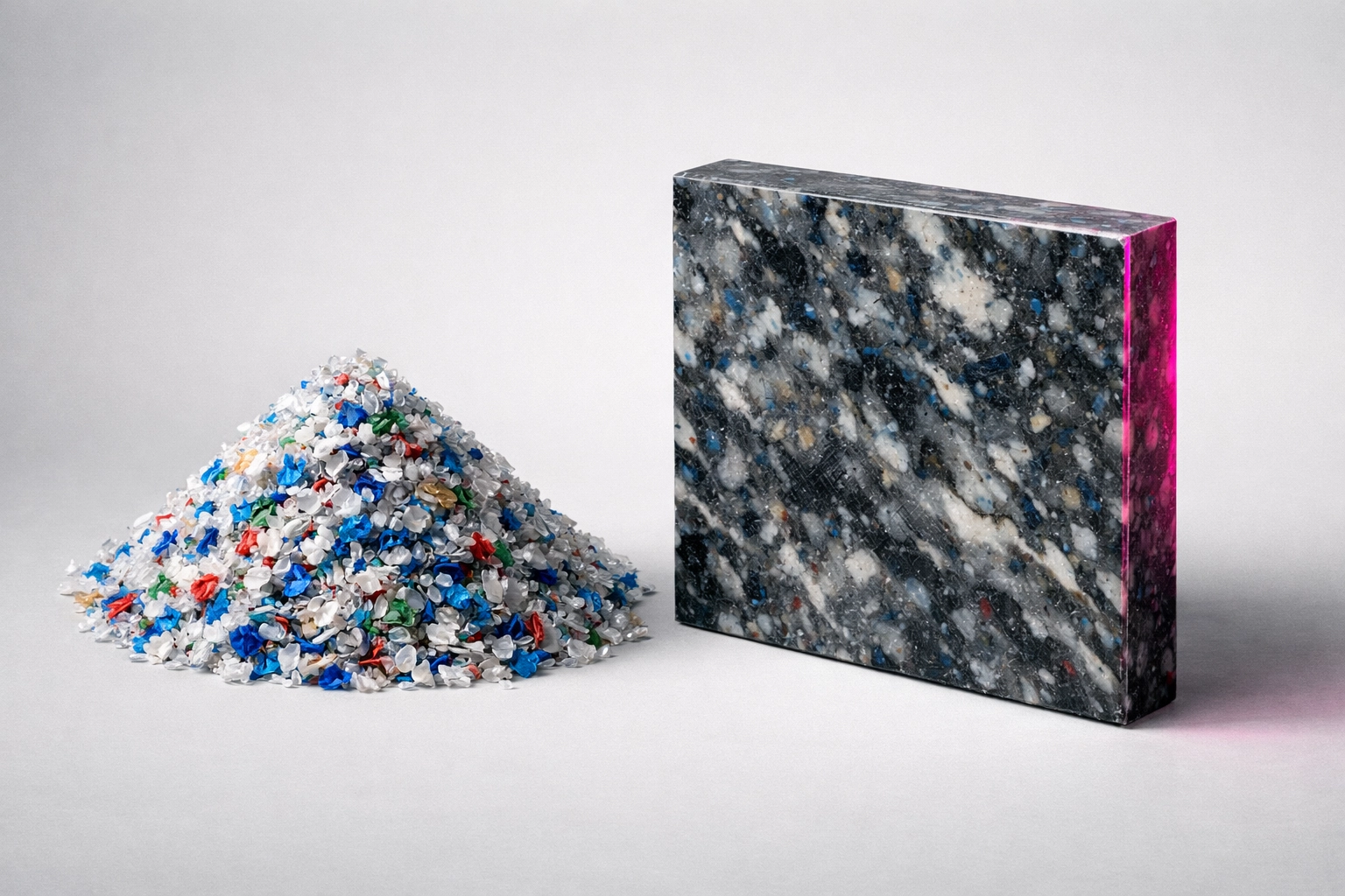 Transformation of raw Australian plastic waste into durable, marbled recycled plastic sheets for sustainable building.