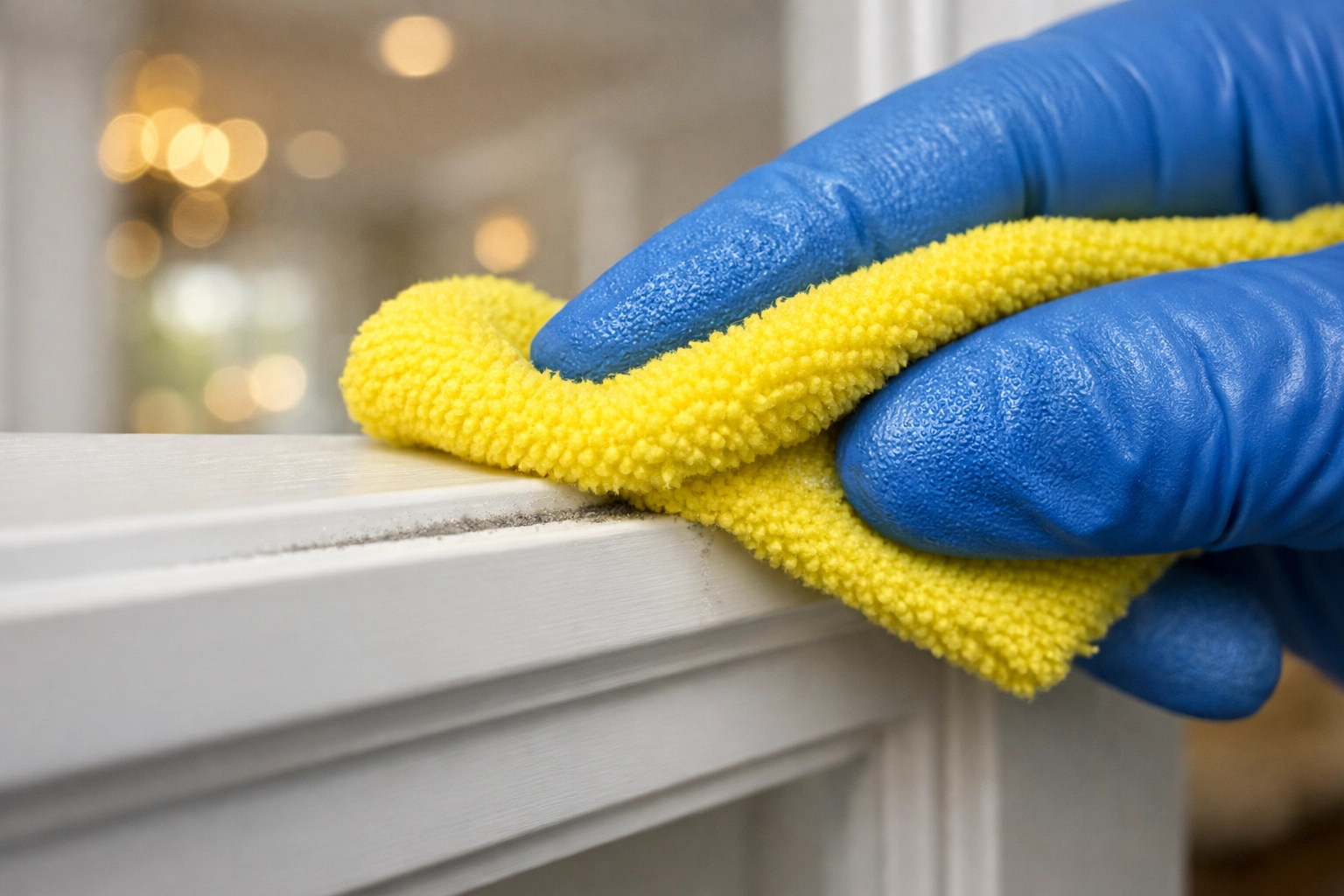 Close-up of expert detail cleaning on a white door frame during post-construction cleaning MA.