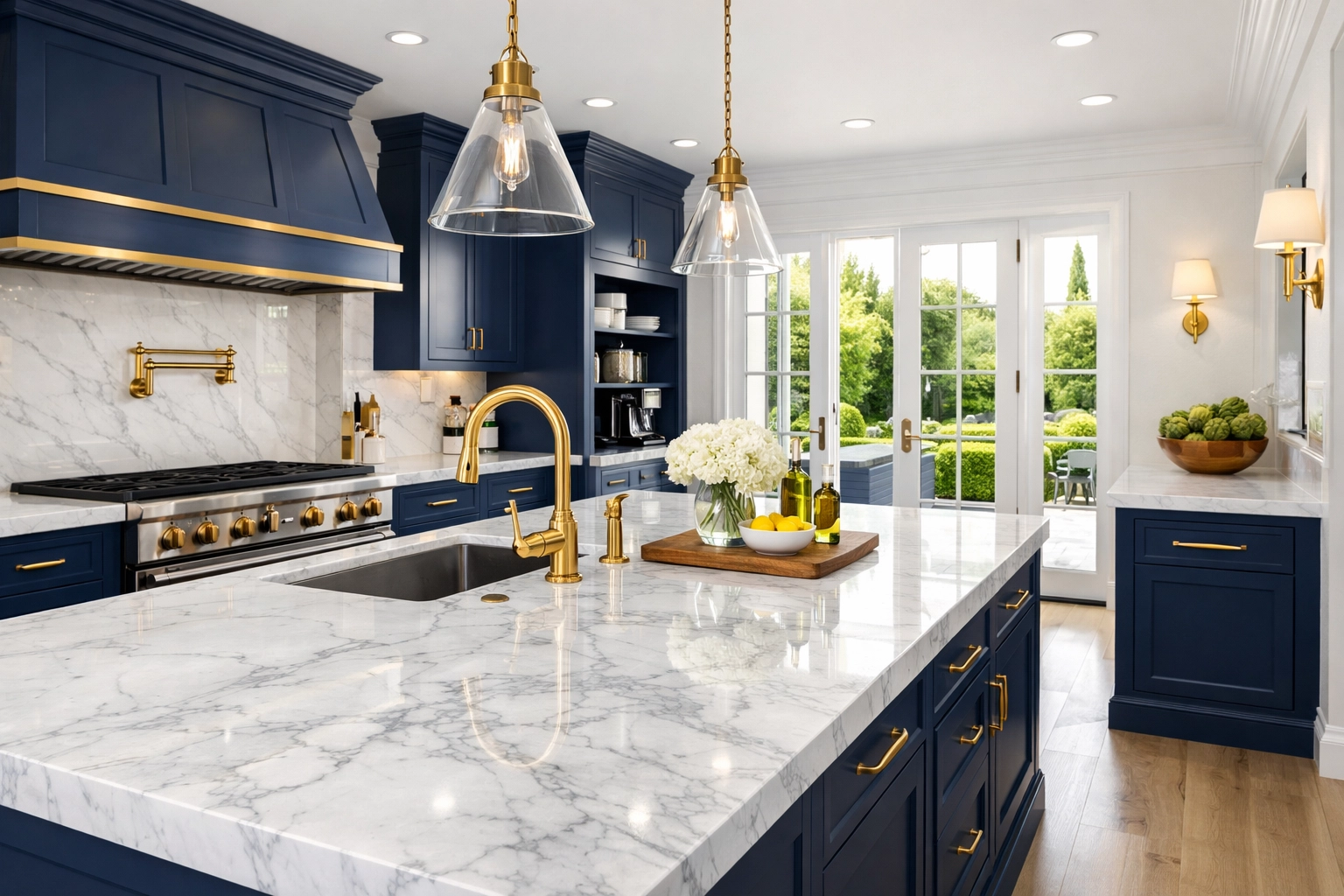 Pristine Weston kitchen with marble countertops showing the results of luxury house cleaning.