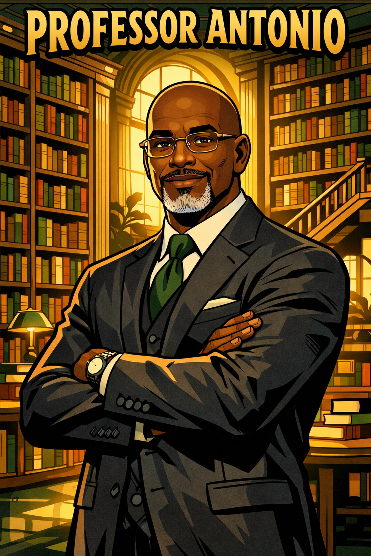 Professor Antonio in a library representing scholarly erudition and academic success for CRC students.