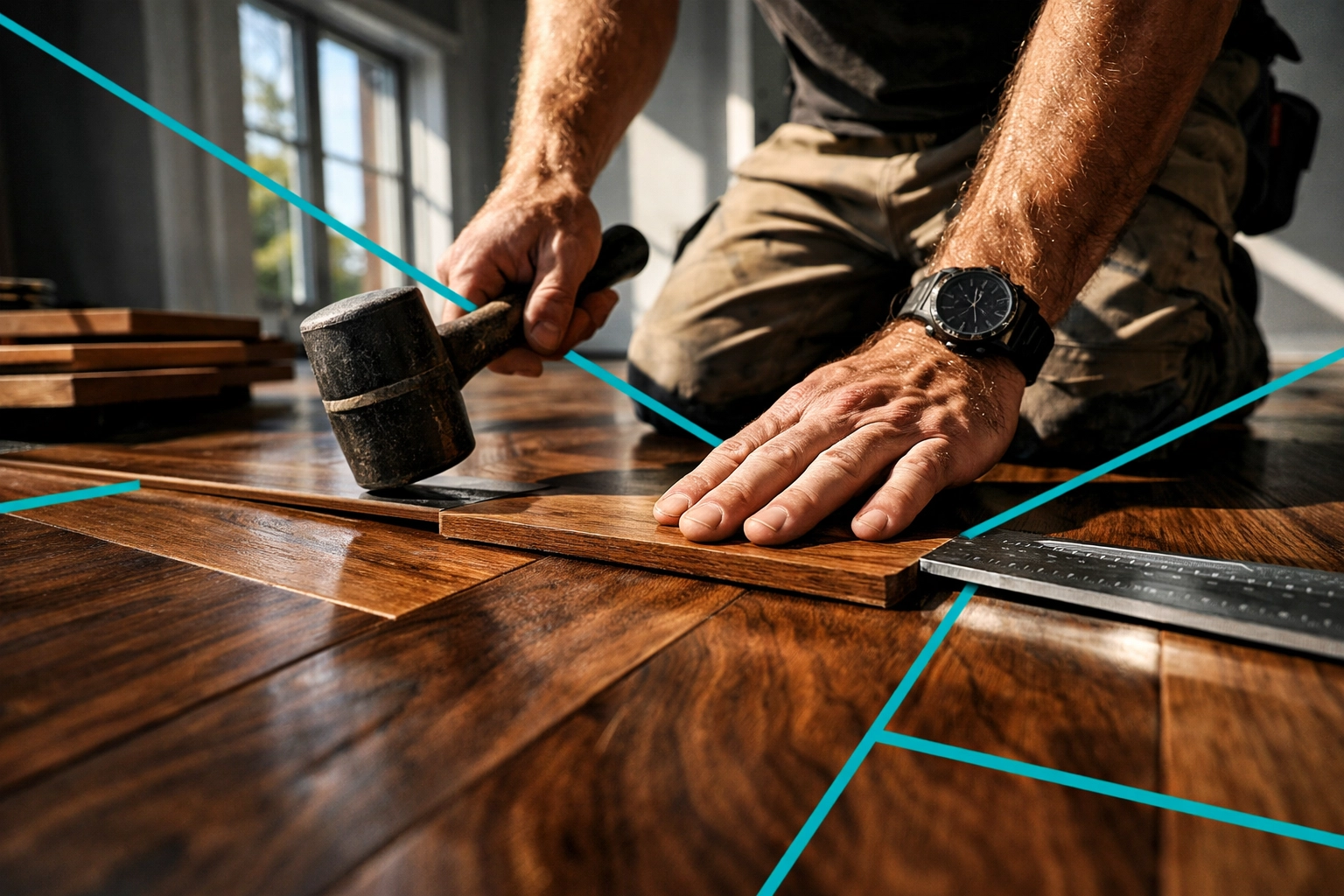 Professional contractor installing custom hardwood flooring in luxury home
