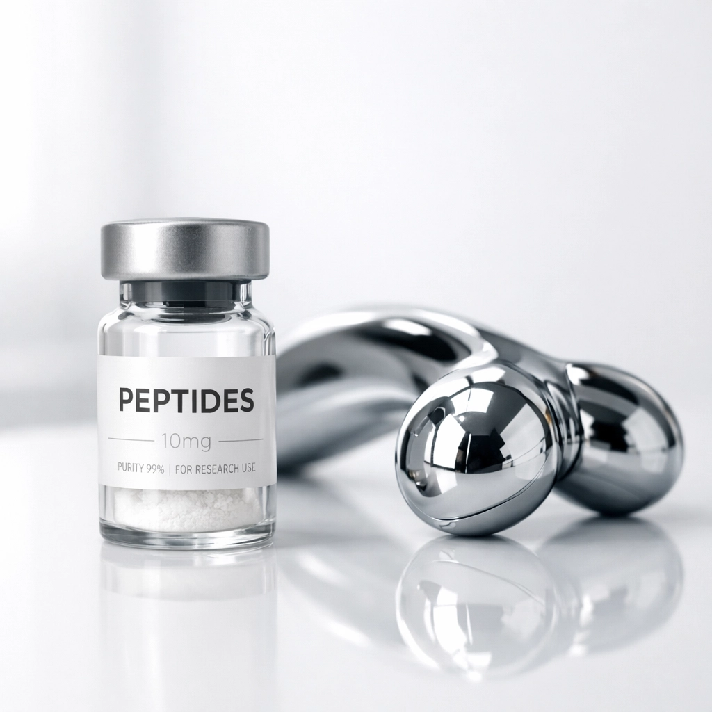 SS-31 peptide vial alongside exercise equipment, highlighting muscle performance and ATP synthesis.