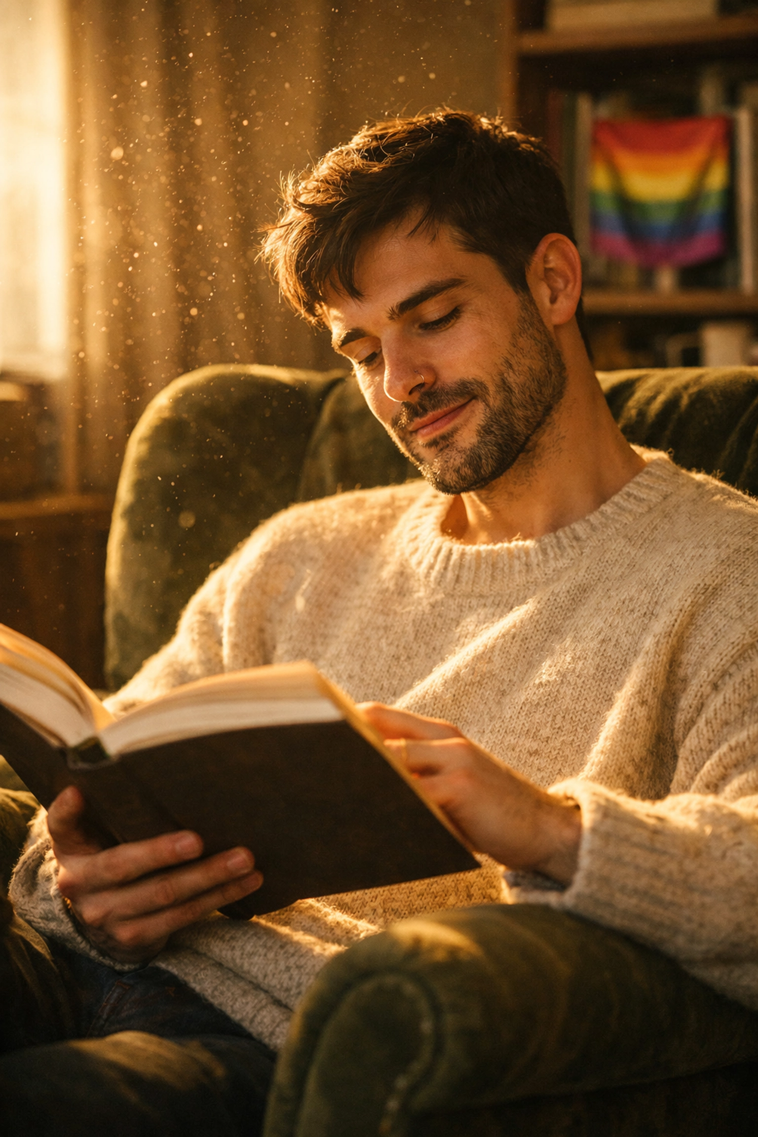 A gay man in a sunlit room lost in a queer fiction novel, illustrating the deep engagement of slow reading.