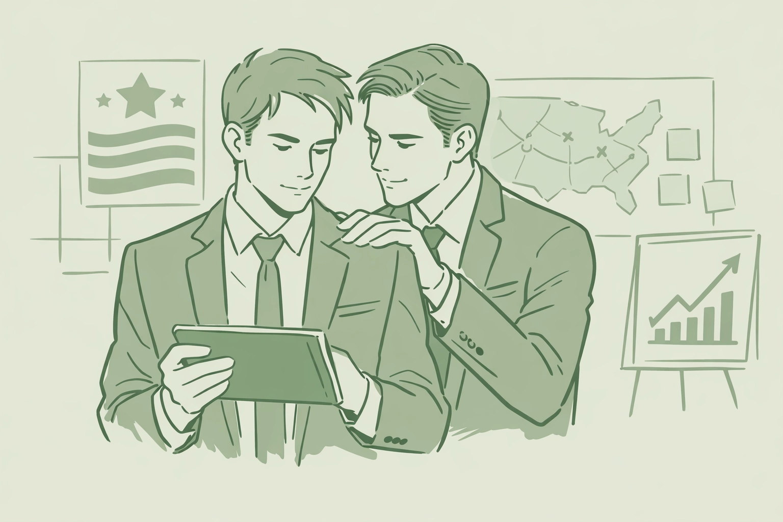 Two men in political campaign office reviewing strategy - MM romance with high stakes drama potential