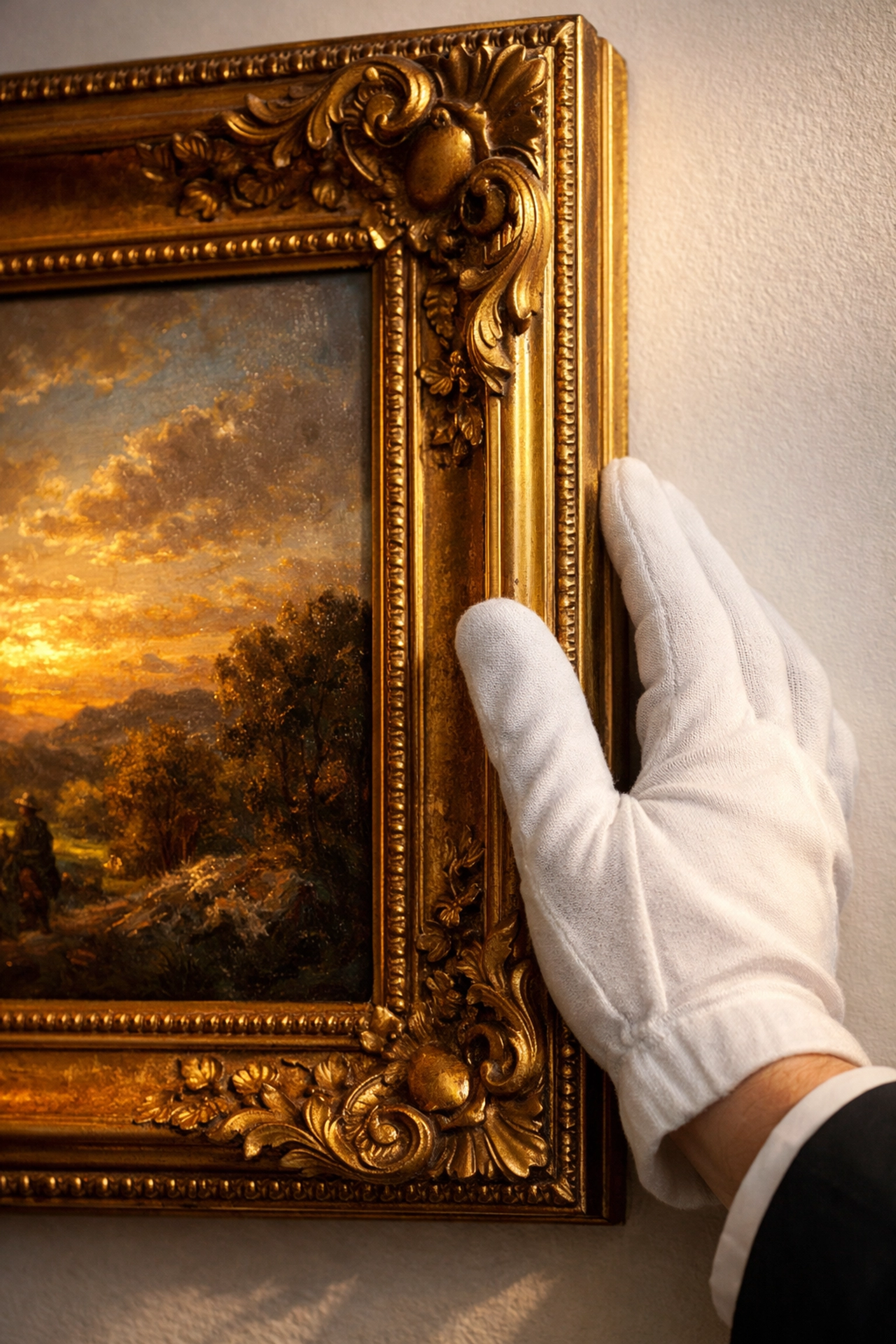 White-gloved hand inspecting a high-value oil painting, showcasing specialized concierge fine art insurance services.