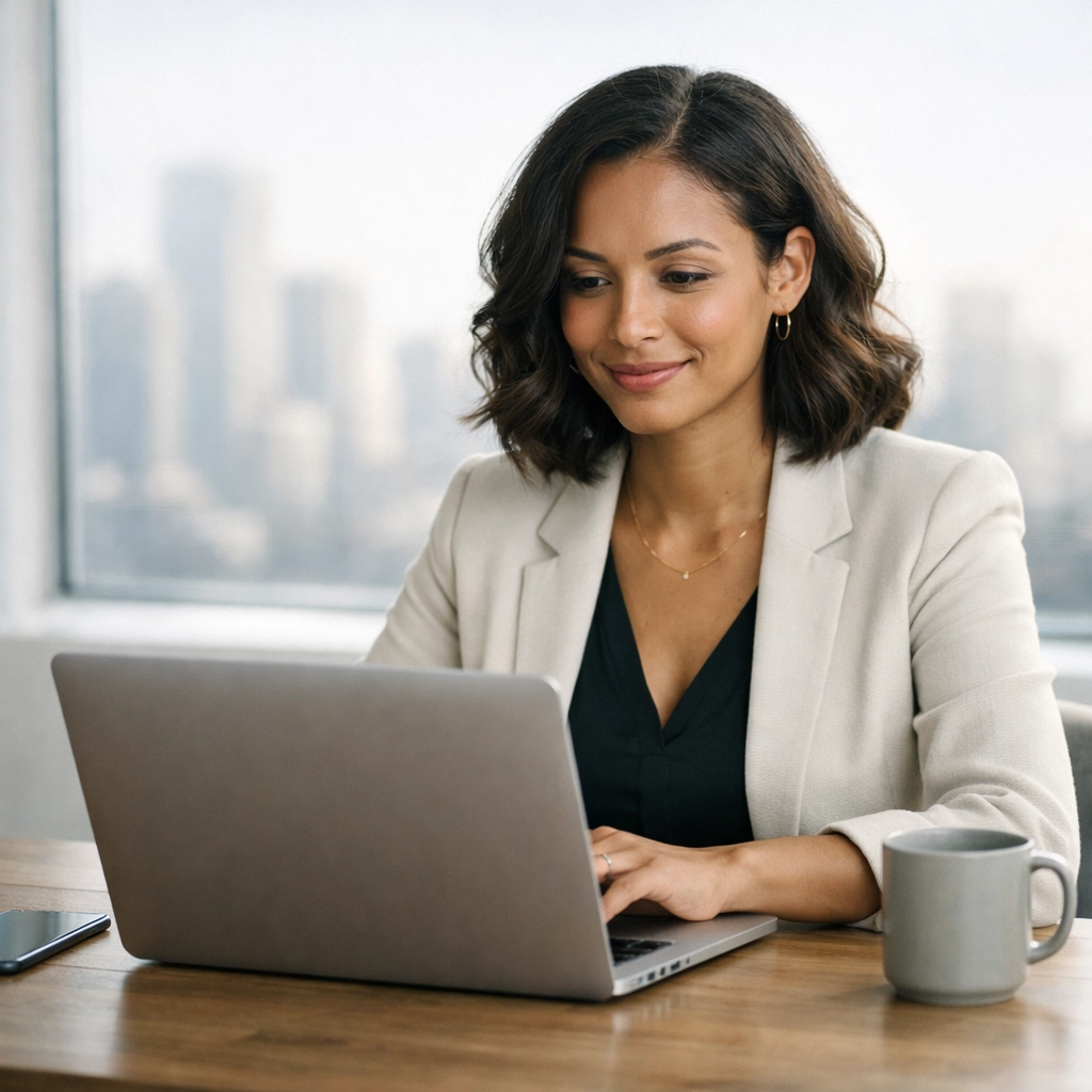 Canadian business owner smiling at her laptop after securing fast business loan funding in a modern office.
