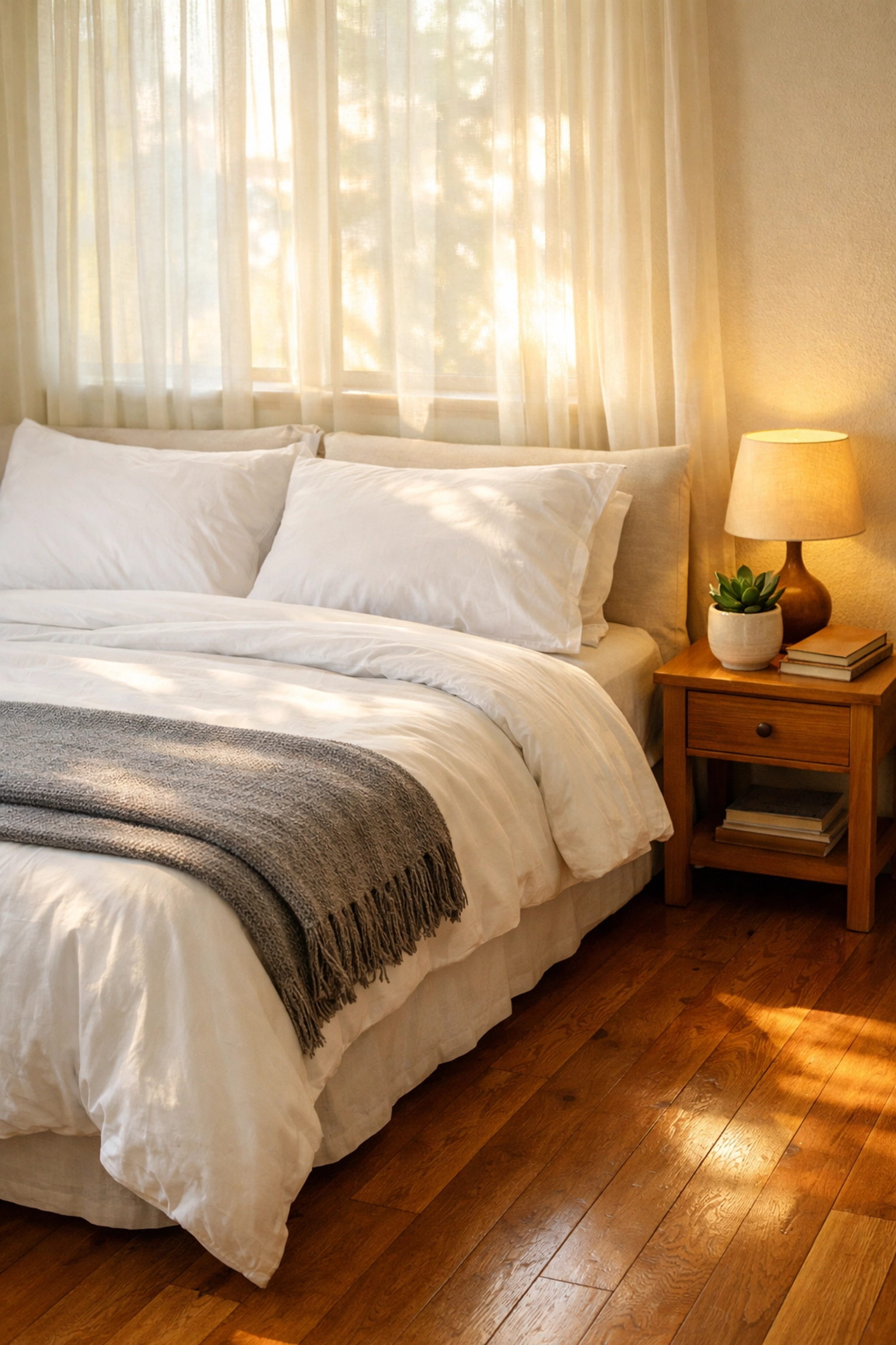 Neatly made bed with white linens in sunlit bedroom demonstrating morning productivity habit