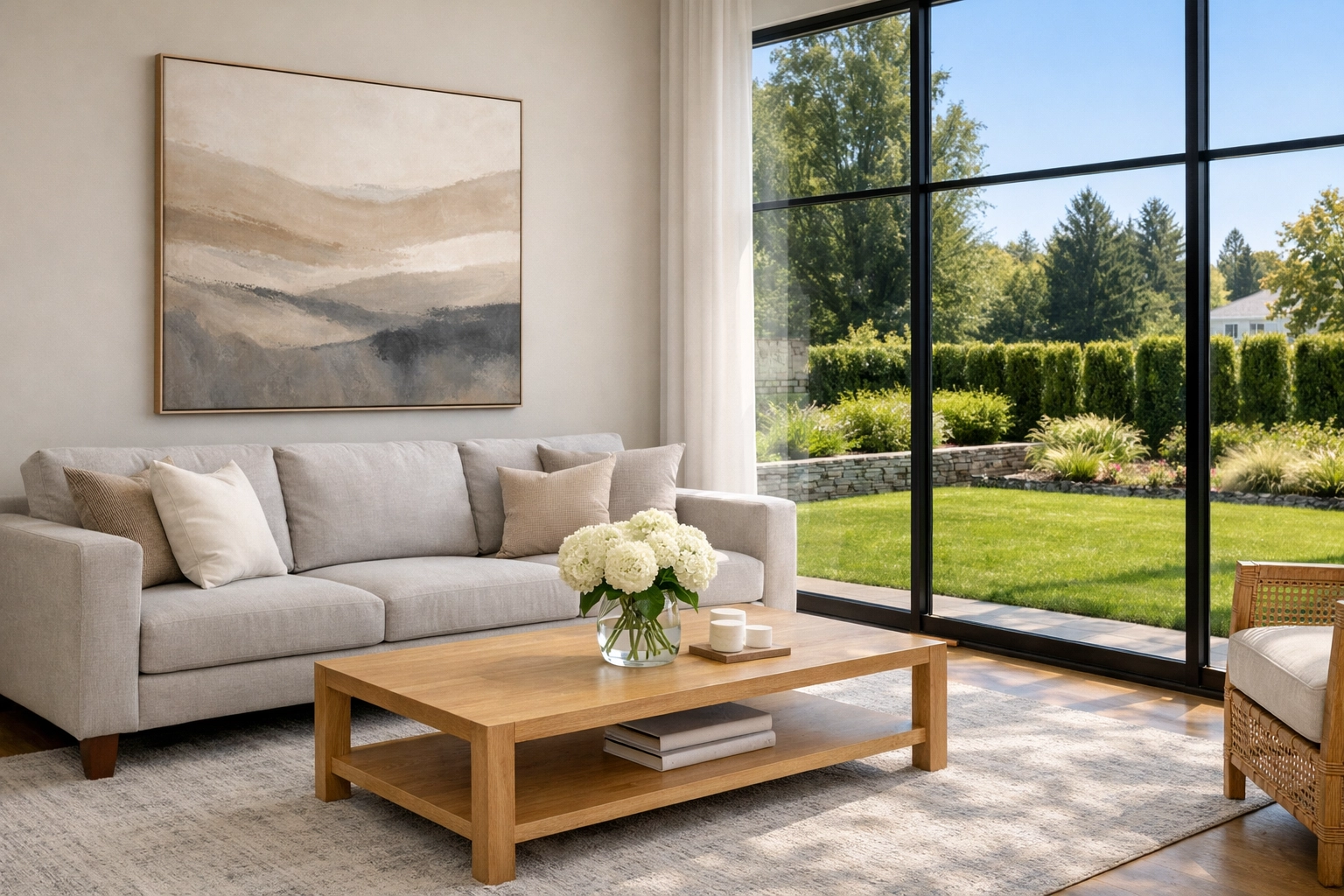 Sun-drenched, staged living room in a Triangle home showing professional interior preparation for sale.