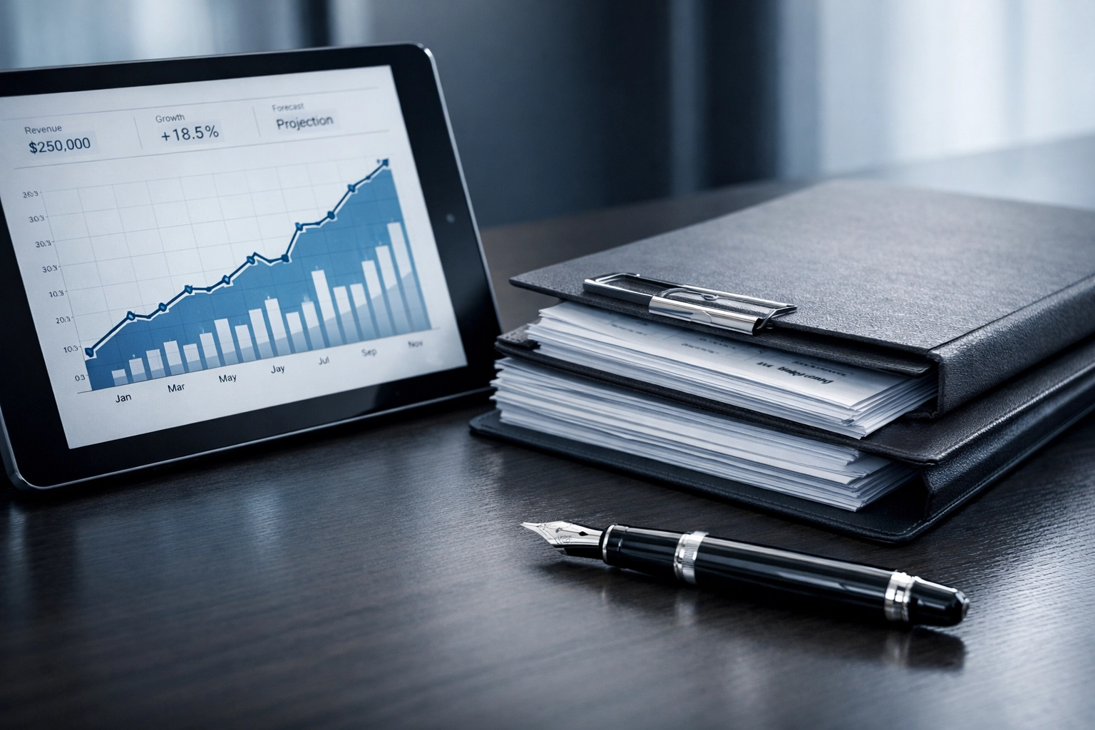Professional financial growth charts and organized documents essential for a North Carolina business sale.