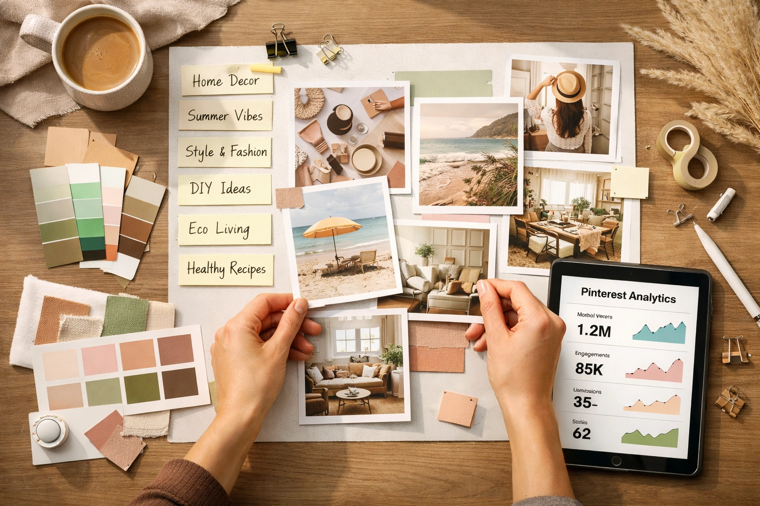 Planification stratégique campagne Pinterest avec moodboard, analytics et recherche mots-clés