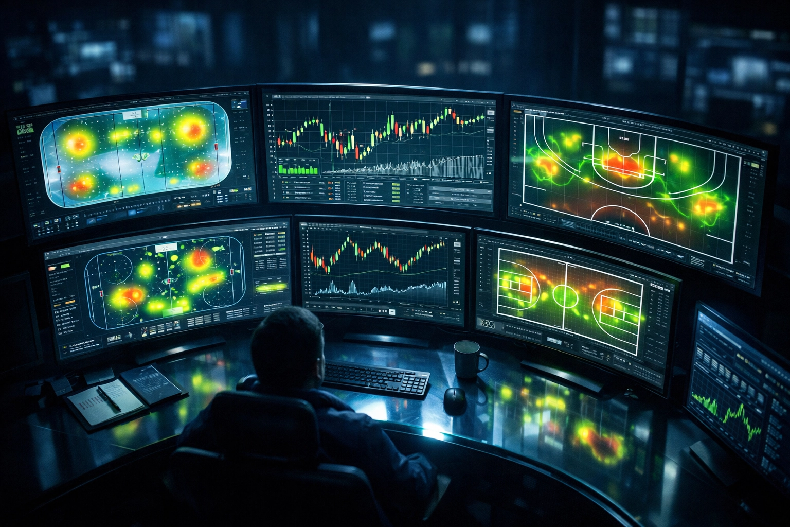 Professional sports betting analytics command center with screens showing game heat maps and trend lines.