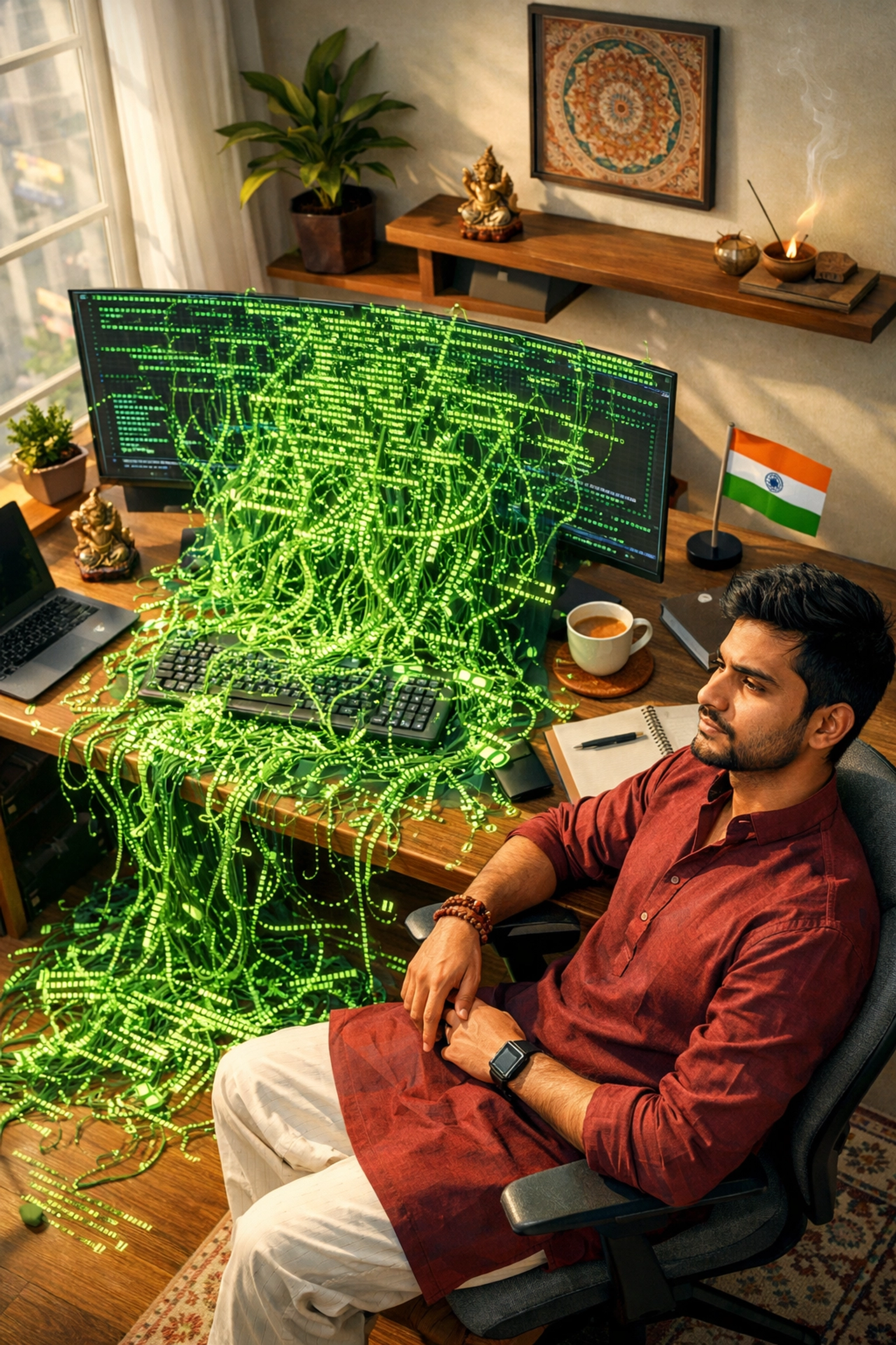 Indian software engineer reviewing a screen filled with tangled, chaotic AI-generated code slop.