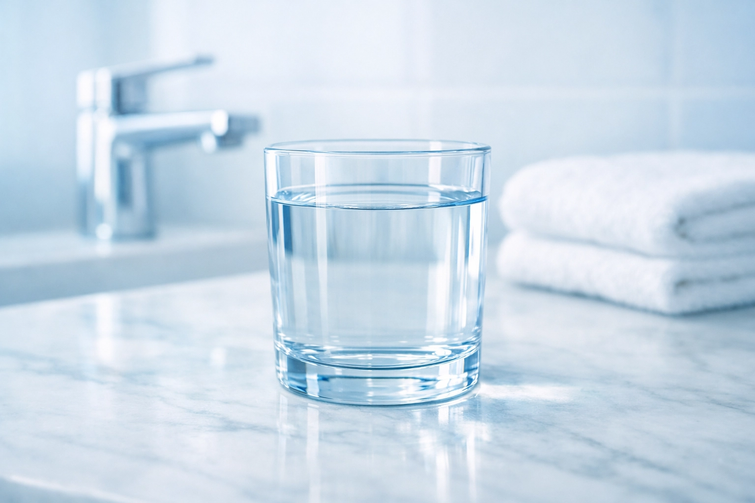Clear filtered water on a marble countertop after professional water testing and filtration in Denver.