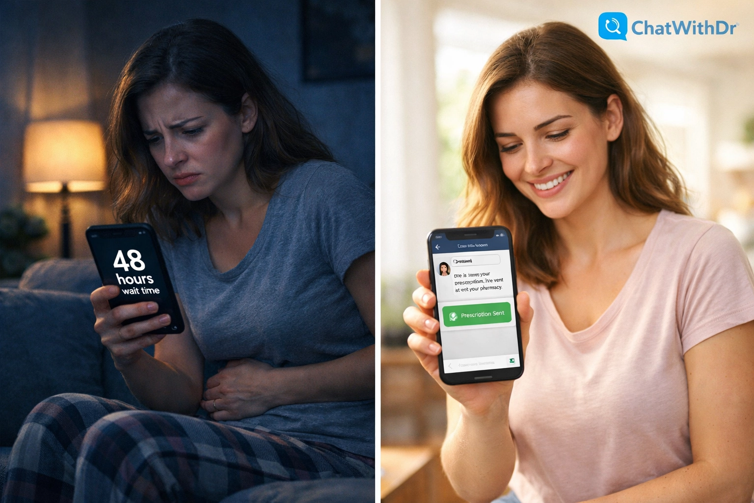 Woman comparing 48-hour wait vs 2-hour online doctor consultation response on smartphone