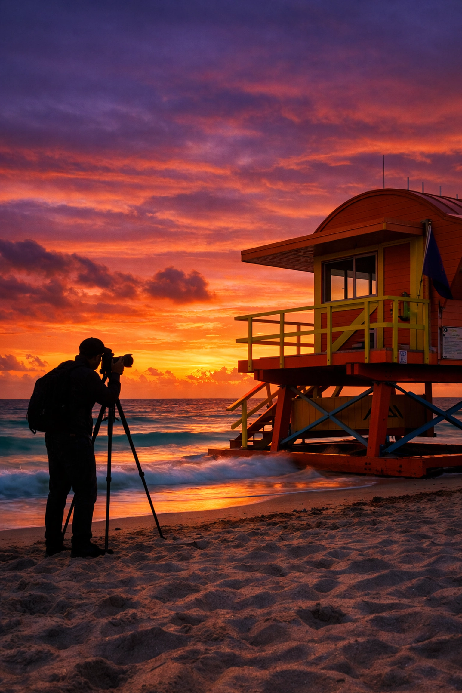 A Miami photographer capturing a cinematic sunset during magic hour near a South Beach lifeguard tower.