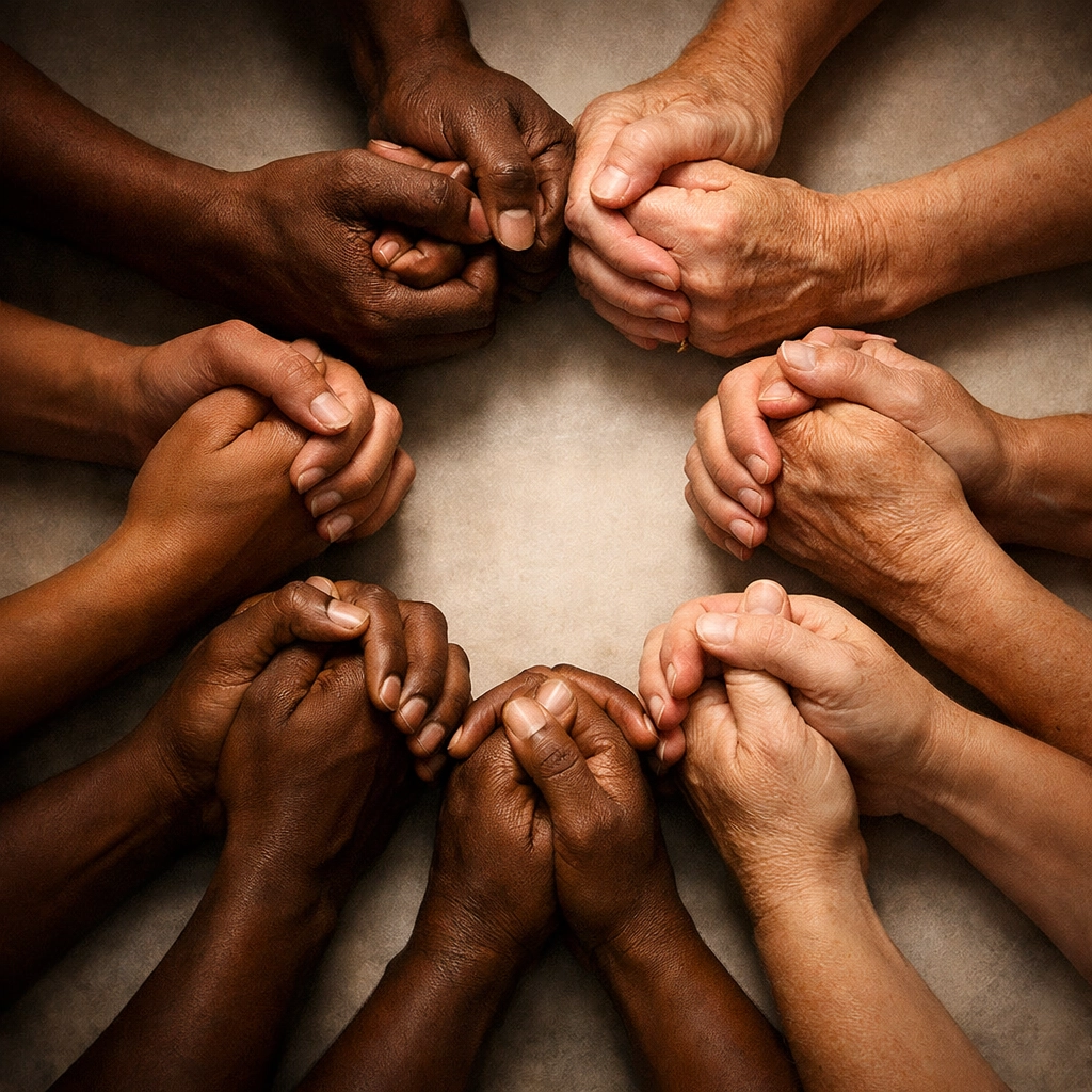Hands joined together in prayer circle showing unity in authentic worship