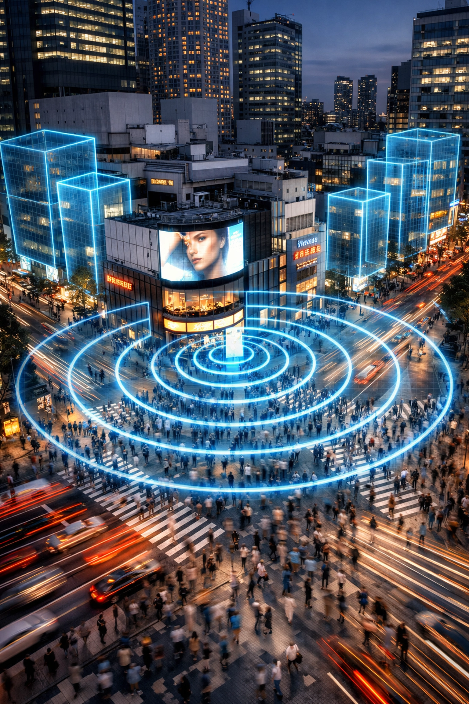 City intersection with digital geofences representing OOH reach and Opportunity to See audience measurement.