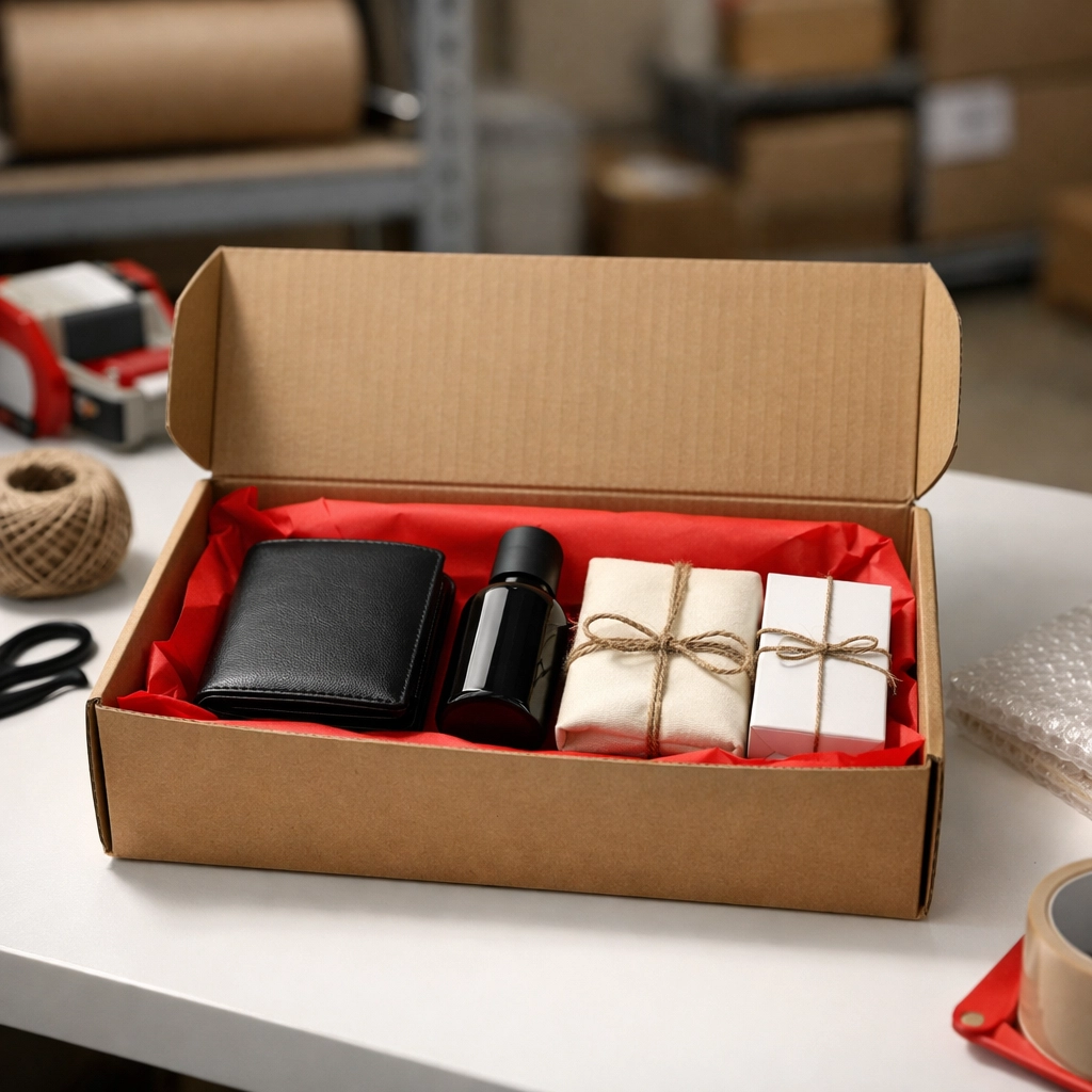 Professional warehouse and fulfilment packing station with a neatly prepared retail order.