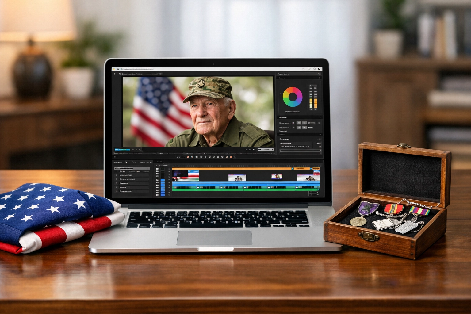Laptop showing a veteran interview edit next to a folded American flag and military medals.