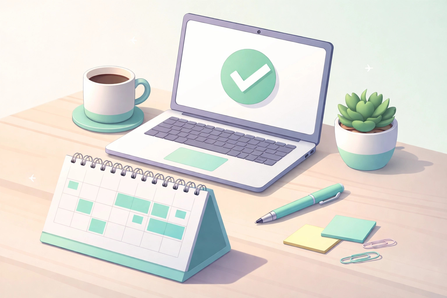 A modern desk setup with a calendar, laptop, and coffee, showing easy and organized monthly PR services.