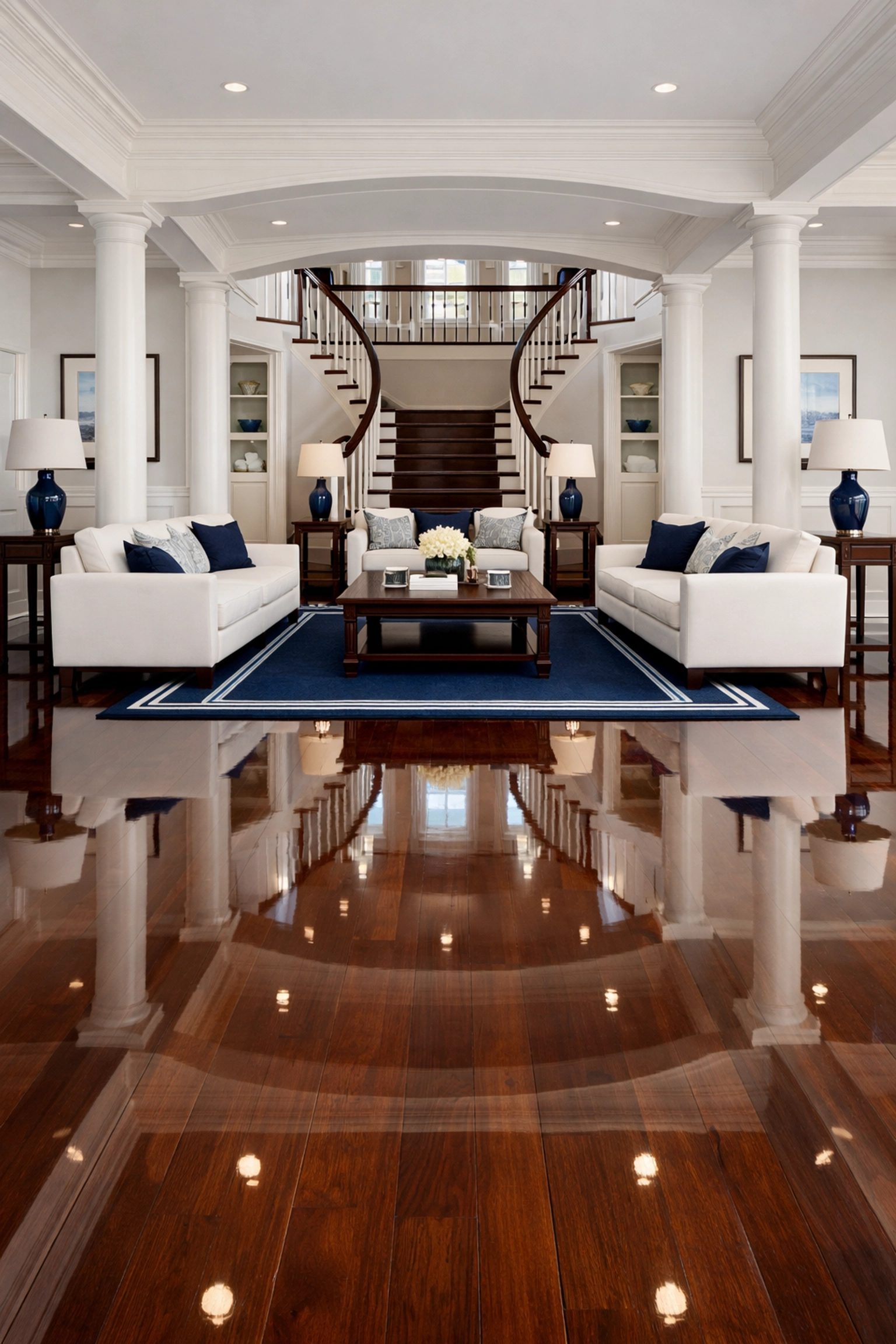 Clean open-concept Weston estate with polished hardwood floors after a professional home maintenance service.