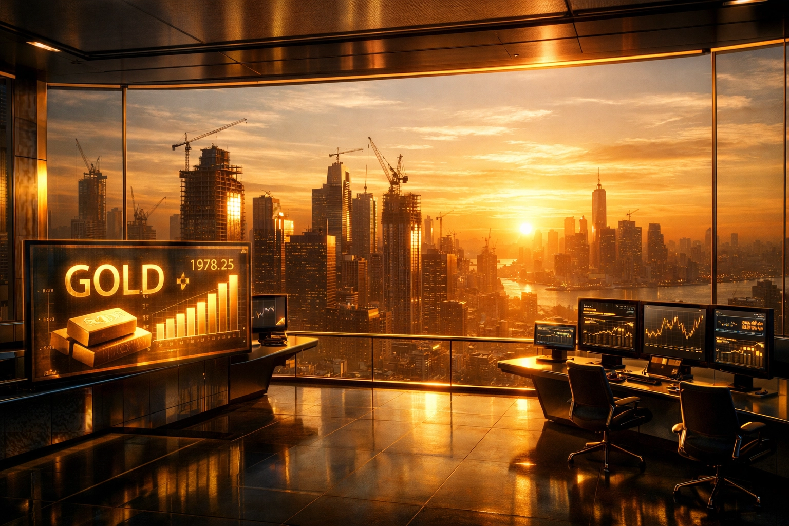 Thriving city skyline at sunrise with construction cranes representing record growth and infrastructure bids.