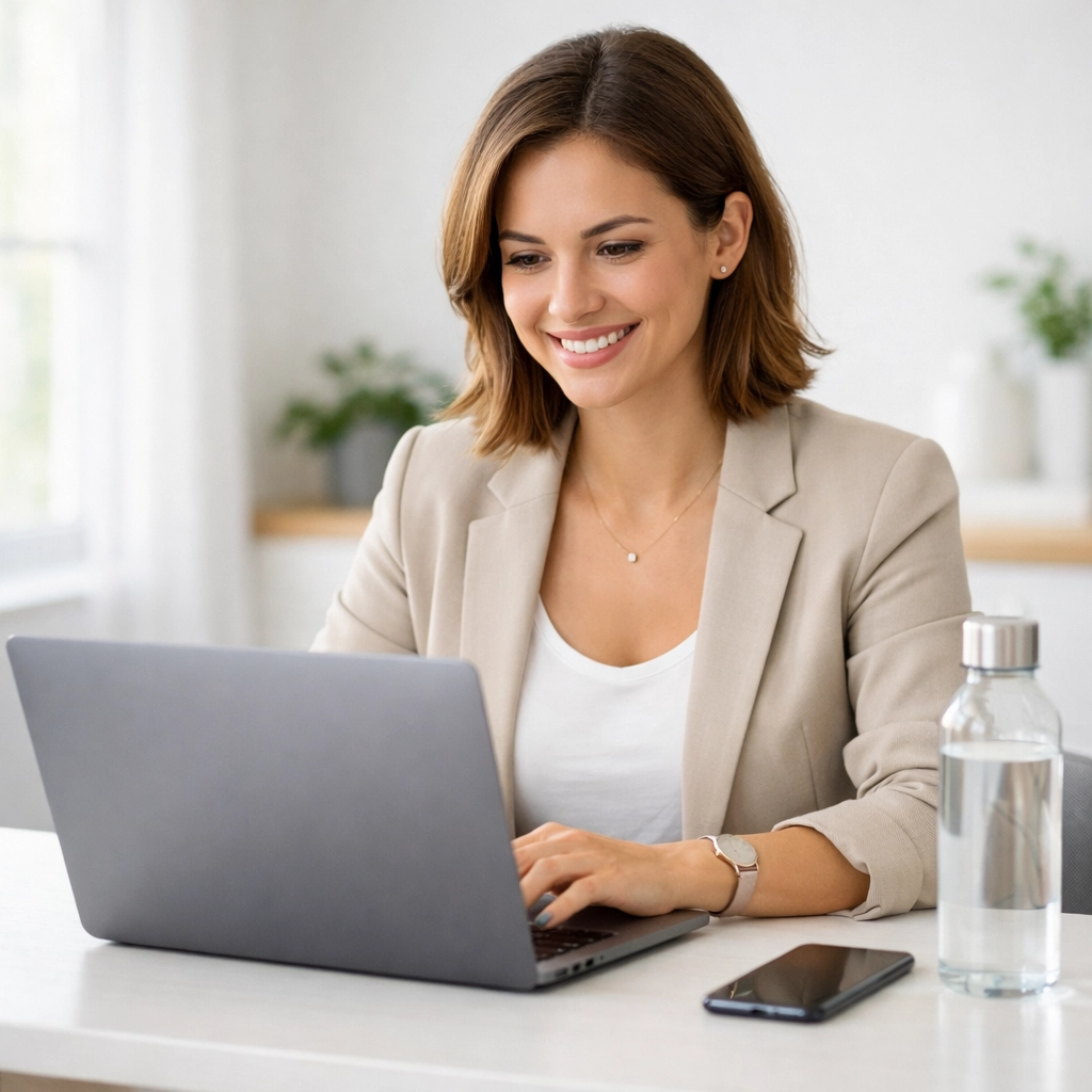 Professional woman researching online weight loss telehealth options in Massachusetts