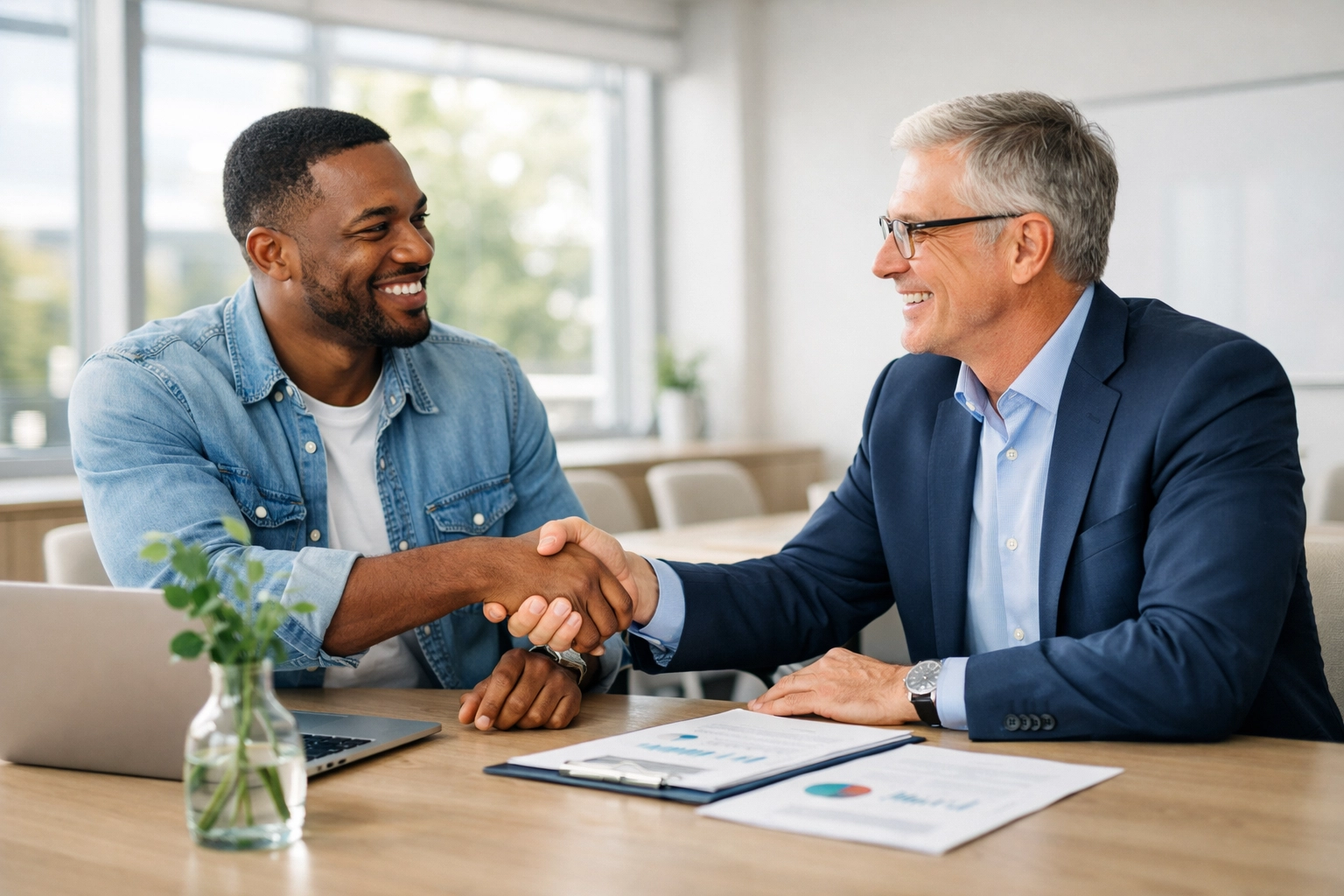 Startup founder and financial advisor discussing modern accounting services in a boardroom.