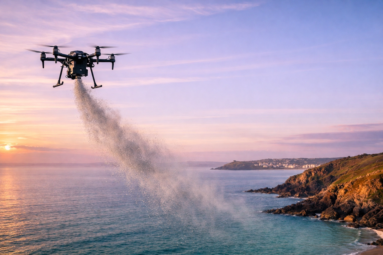 A serene drone ashes scattering ceremony at sunrise over the coastal waters of St Ives, Cornwall.