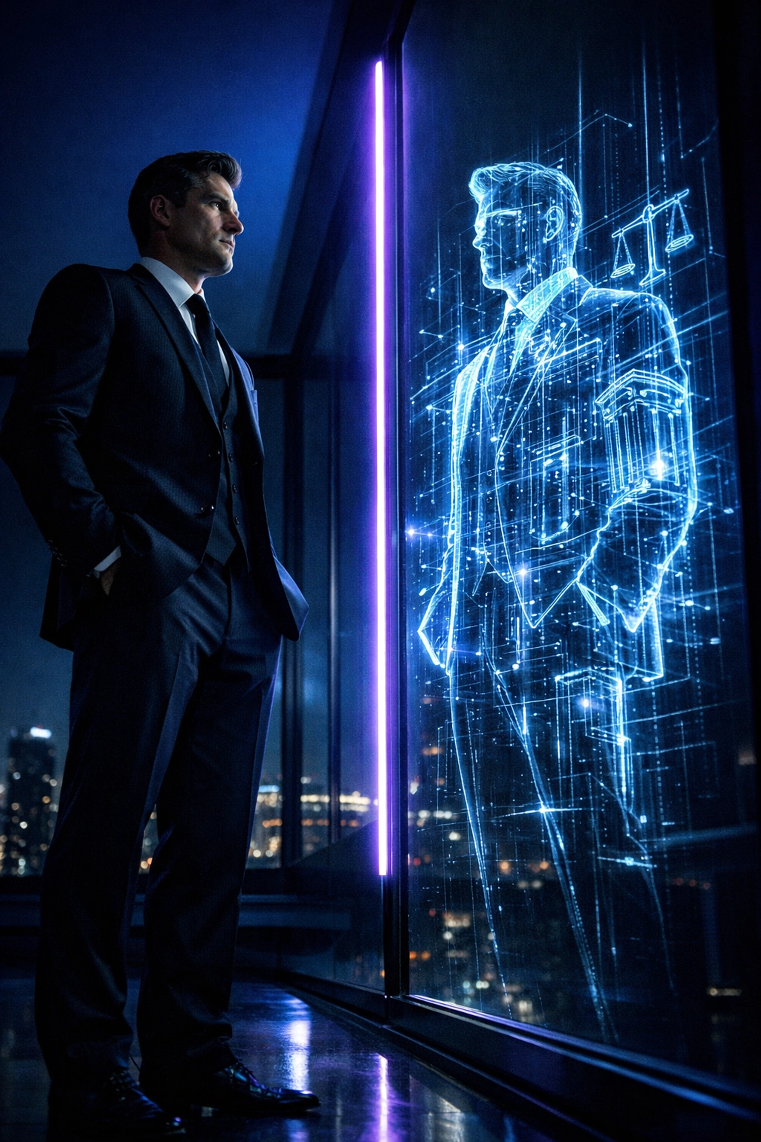 A man's reflection as a digital legal fiction blueprint representing a separate commercial entity.