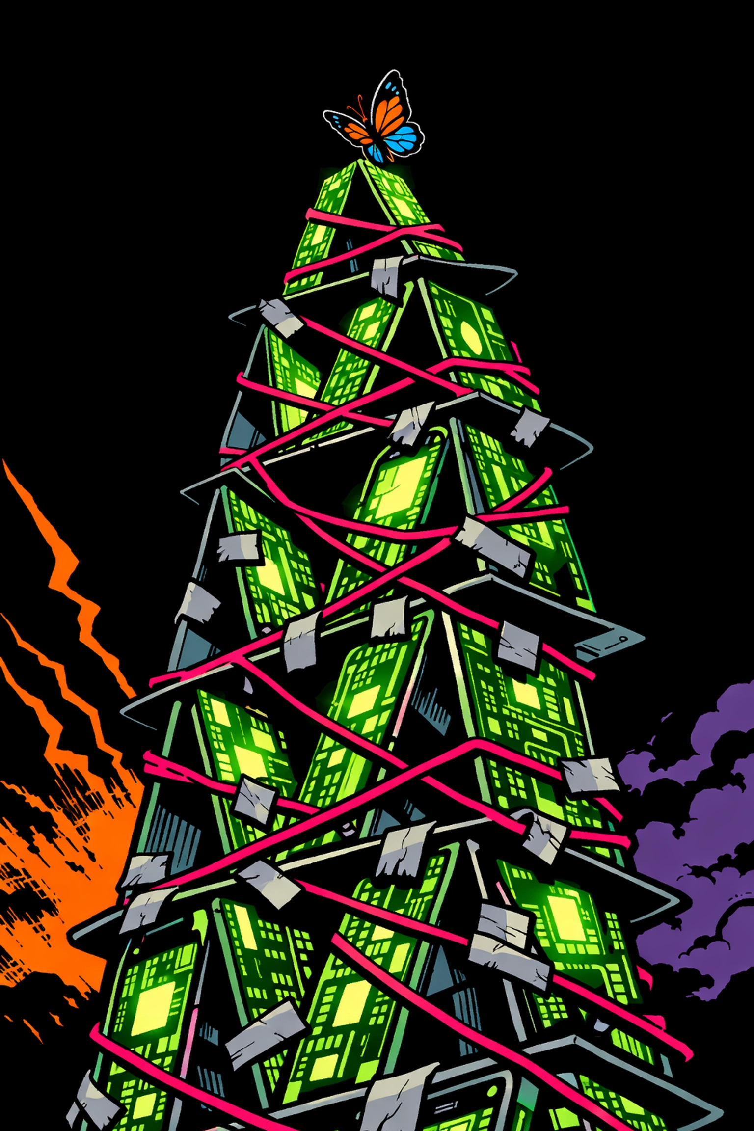 Unstable house of cards made of circuit boards showing the risk of over-complicated AI workflows.